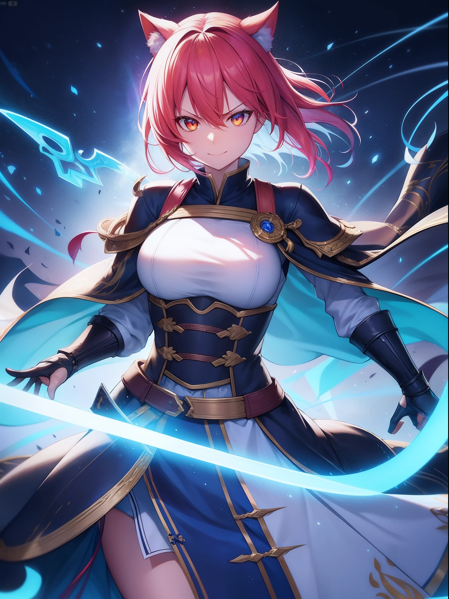Imaginary,Face Focus, sanpaku, angry, Smile,smiling mischievously, A look that came up with a bad thing,Cat's ears,Her hair is orange、Short hairstyle, ,Her skin is pale, A rainbow and a spiral of light enveloped me like a snake in an interstellar wind,holding samurai sword,dual-wielding,Unleash the Blade of Light,Breasts are a great cutting board,She smiles mischievously, She has a gun in the middle, Highest Quality, Carry a blue cloak with war maiden decorations,Raise the railgun, ((sanpaku))((Proud)), 8 Blue Light Sword,Blade of Light,Lens Flare, Big rainbow,The moon shines,Star chips, bloom, ((light glow)), chromatic abberation], Digital Painting, Insane details, Intricate details, Beautifully color graded, Unreal Engine, Cinematic , colour grading, Editorial Photography , Photography, Photo Shot, Shot on 70mm lens, depth of fields, degrees of freedom, Tilt Blur, Shutter Speed 1/1000, h/22