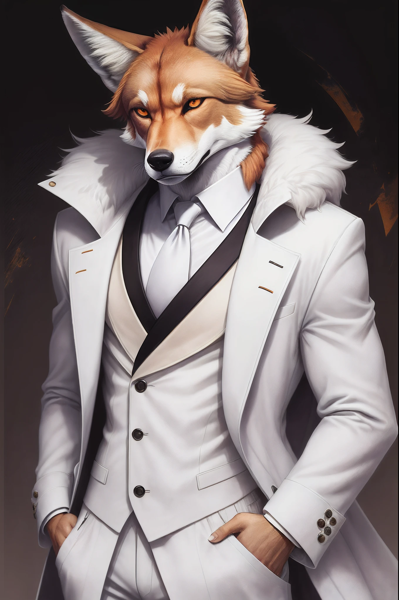 Create an image of an anthropomorphic maned wolf with a serious demeanor, appearing to be around 19 years old. He has the typical reddish-brown fur of a maned wolf, which is sleek and well-groomed. To add a touch of style to his appearance, he is wearing a white coat as clothing.

The white coat fits him perfectly and adds a sense of refinement to his overall look. Despite his youthful age, the maned wolf exudes a mature presence and carries himself with confidence and authority.

Emphasize his anthropomorphic features, such as his upright posture, anthropomorphic hands, and expressive facial features. Capture his serious expression, highlighting the intensity in his amber eyes, as well as the details of the white coat he is wearing.

Showcase the unique blend of the maned wolf characteristics and the stylish white coat, capturing the essence of this anthropomorphic individual with a serious yet refined appearance.