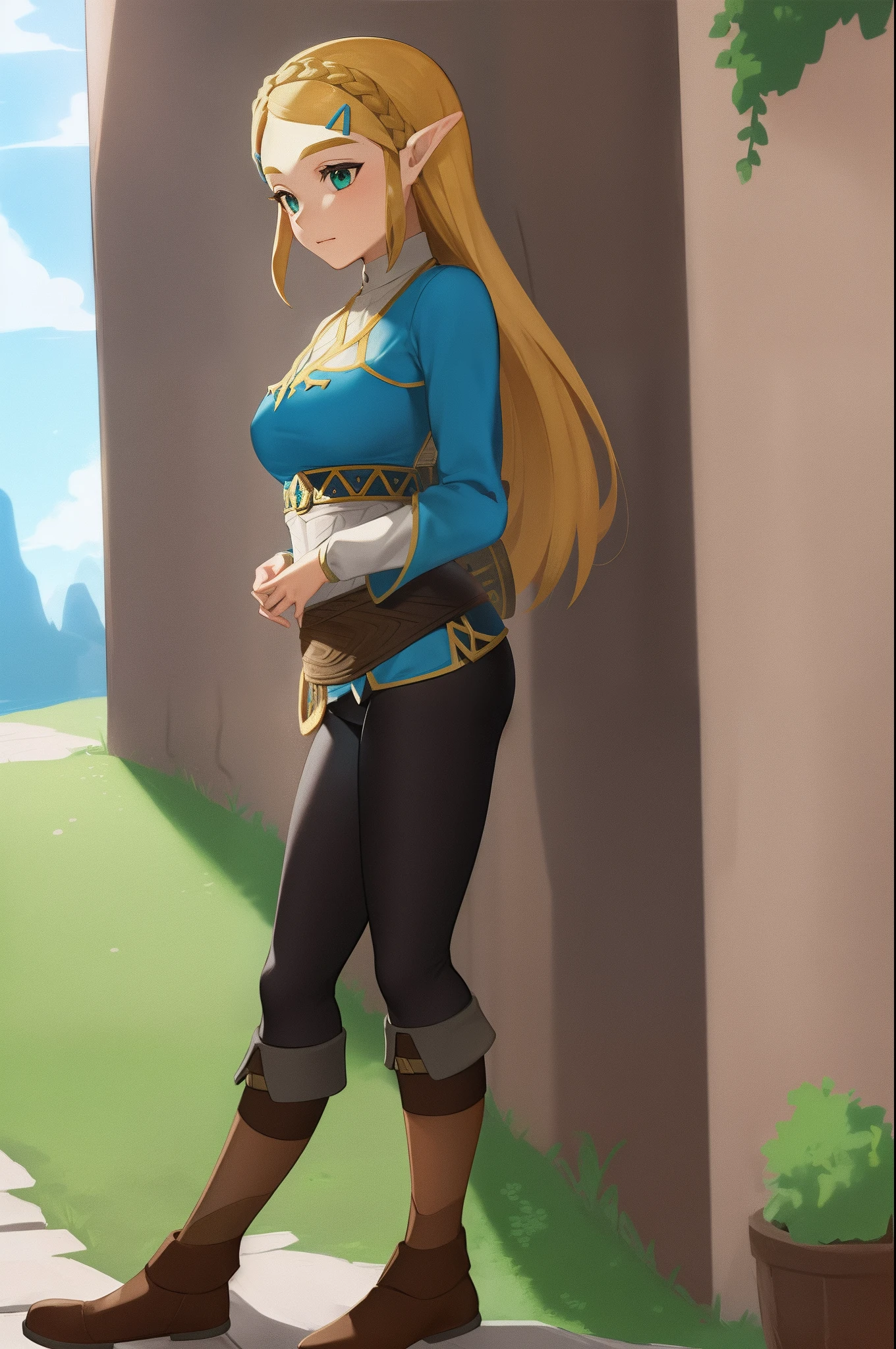 masterpiece, best_quality, 1girl, solo, princess zelda, nintendo, the legend of zelda, botw, black pants