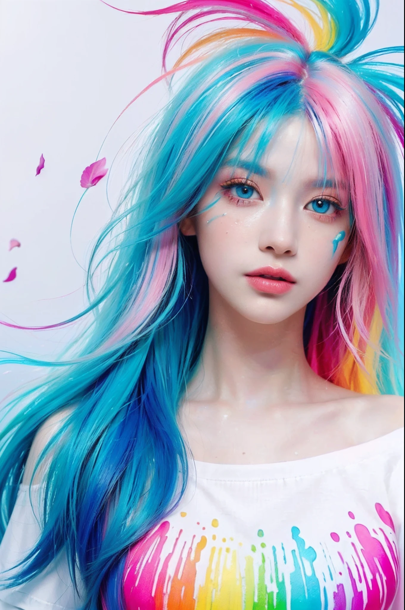 （Pink Fashion T-shirt：1.9），(Colorful hair: 1.8), (all the colours of the rainbow: 1.8),(((((vertical painting：1.6))), （painting：1.6），front, comics, illustrations, paintings, large eyes, crystal clear eyes,（ rainbow color gradient high ponytail：1.7）, exquisite makeup, closed mouth,(Small Fresh: 1.5),(Wipe Chest: 1.6) ，long eyelashes, white off shoulder T-shirt,  White Shoulder Shirt，looking at the audience, large watery eyes, (rainbow colored hair：1.6), color splash, （solo：1.8）, color splash, color explosion, thick paint style, messy lines, ((shining))，(colorful), (colorful), (colorful), colorful, Thick Paint Style, (Splash) (Color Splash), Vertical Painting, Upper Body, Paint Splash, Acrylic Pigment, Gradient, Paint, Highest Image Quality, Highest Quality, Masterpiece, Solo, Depth of Field, Face Paint,  colorful clothes, (Elegant: 1.2), gorgeous,long hair, wind, (Elegant: 1.3), (Petals: 1.4)，(((masterpiece))),(((best quality))),((ultra-detailed)),(illustration),(dynamic angle),((floating)),(paint),((disheveled hair)),(solo),(1girl) , (((detailed anima face))),((beautiful detailed face)),collar,bare shoulders,white hair, ((colorful hair)),((streaked hair)),beautiful detailed eyes,(Gradient color eyes),(((colorful eyes))),(((colorful background))),(((high saturation))),(((surrounded by colorful splashes))),