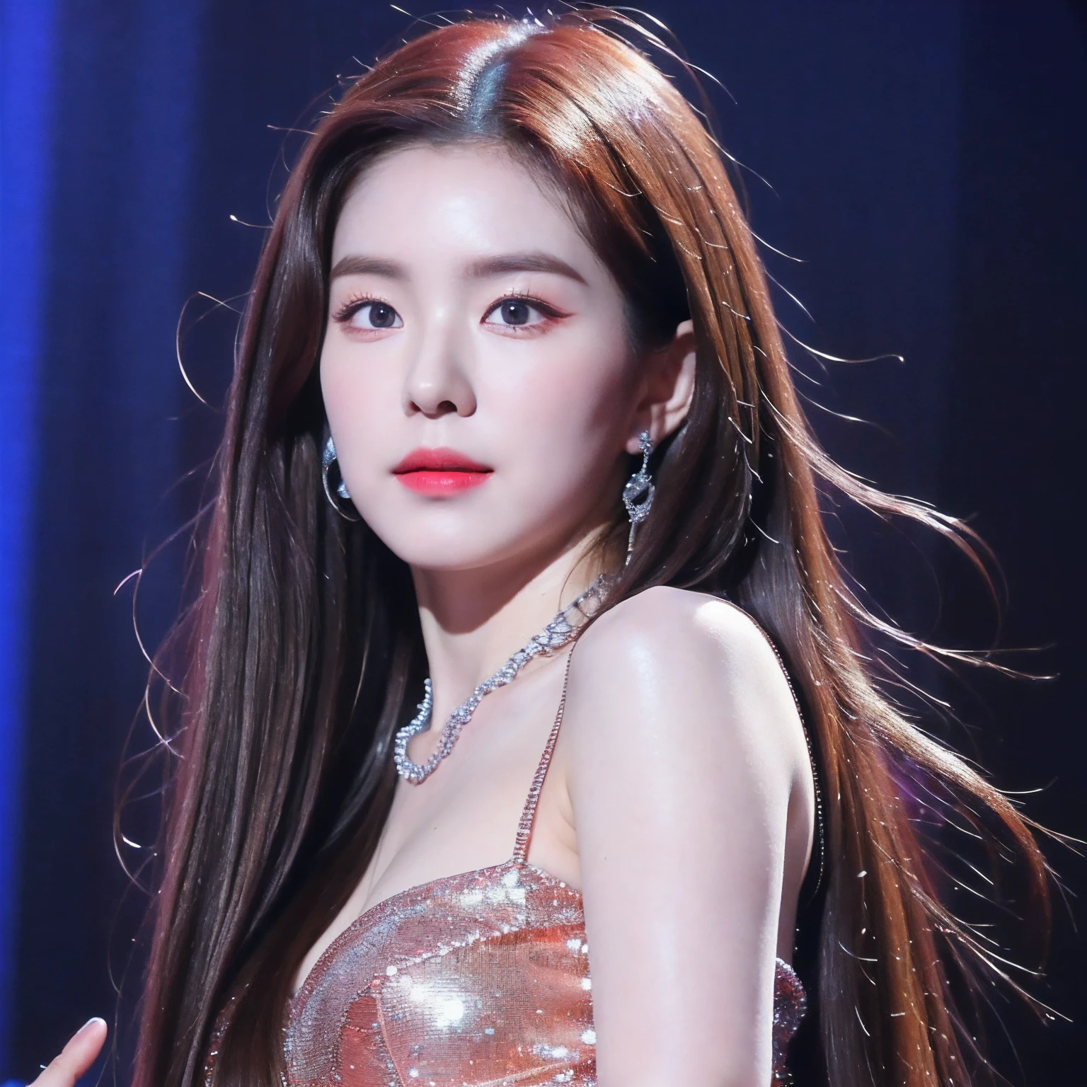 (Best quality, 32k, Masterpiece, high resolution, UHD:1.2), (ultra realistic portrait of Irene1), 1girl, (double eyelid, large breasts:1.15, music live outfit, full body, signing in music concert stage, perfect slim body,