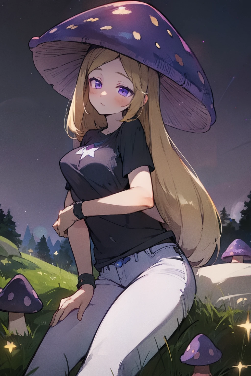 masterpiece,best quality,high quality, best quality, 4k,8k,curvy ,2girls ,solo,black hair, crossed bangs, purple eyes,purple mushroom hat, mushroom girl, laying down in grass,legs crossed, pale skin, white distressed jeans, night time, stars, black wristbands, black tee shirt,beautiful detailed eyes, blonde hair, crossed bangs, blue eyes, red mushroom hat, mushroom girl, kiss, yuri, looking at each other, hug, passionate, touching,arms around, grabbing butt, cowboy shot, hug from behind