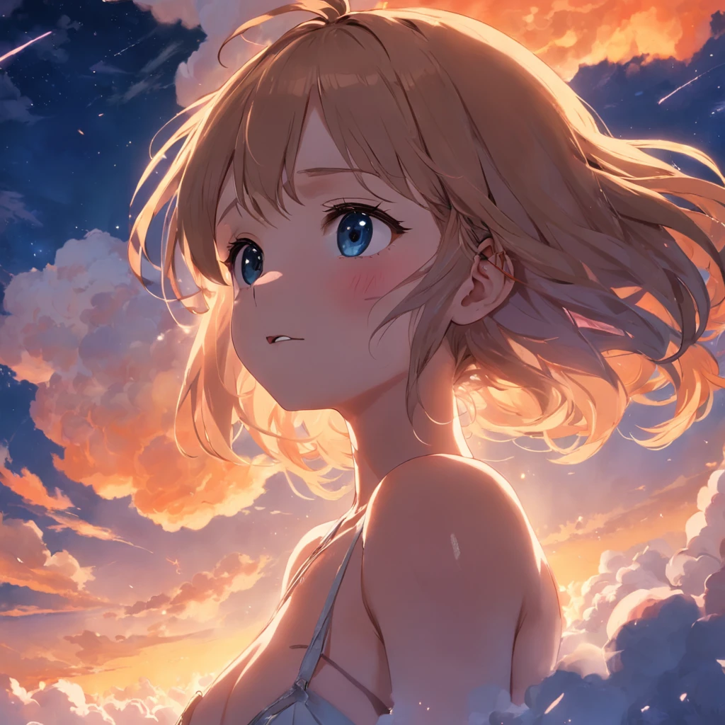 tmasterpiece,best qualtiy,cinematic Film still from,1个Giant Breast Girl,Cloud Girl,Floating in the sky,closeup cleavage,brightly,cheerfulness,Warm and soft lighting,the sunset。