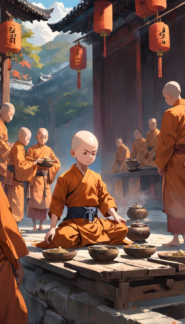 Bald Shaolin Child, en medio de un templo, The boy is seen serving tea on a tray that he carries to the other monks., los otros monjes estan meditando