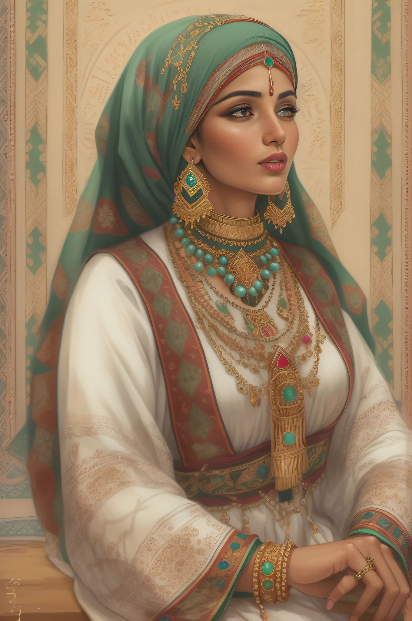 A detailed, Hand-drawn illustration of Libyan woman in traditional dress and jewelry.