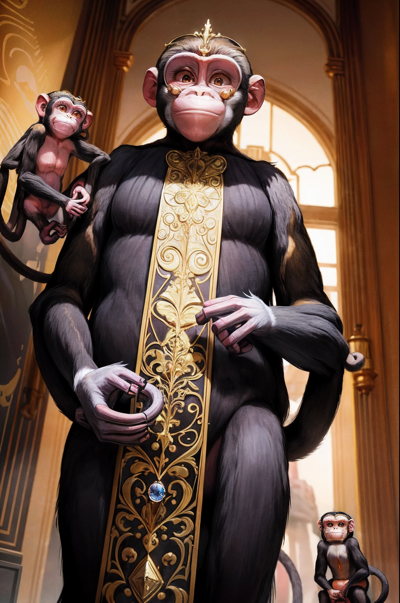 (monkeys:1.5),Pedras preciosas, Protective goggles, gold, jewely,Fashionab,ray tracing,{best quality}, {{masterpiece}}, {highres}, original, extremely detailed 8K wallpaper, {an extremely delicate and beautiful},,incredibly_absurdres,colorful,intricate detail,artbook,,