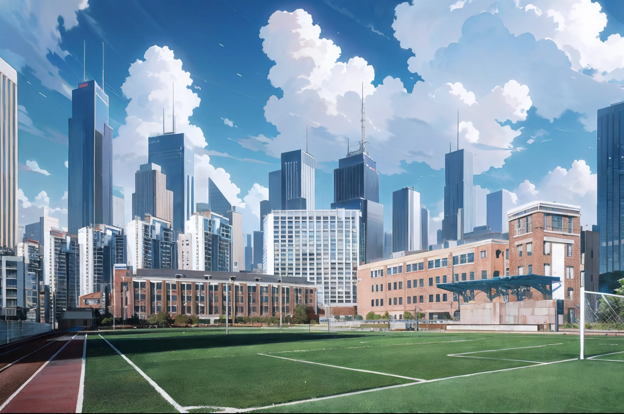 There is a football stadium in front of the city of high-rise buildings, anime style cityscape, hd anime cityscape, Anime landscape concept art, City in the background, urban in the background, day cityscape, Beautiful cityscape, city on the background, urban backdrop, Realistic anime 3 D style, Anime landscapes, in the style of makoto shinkai, city in backround