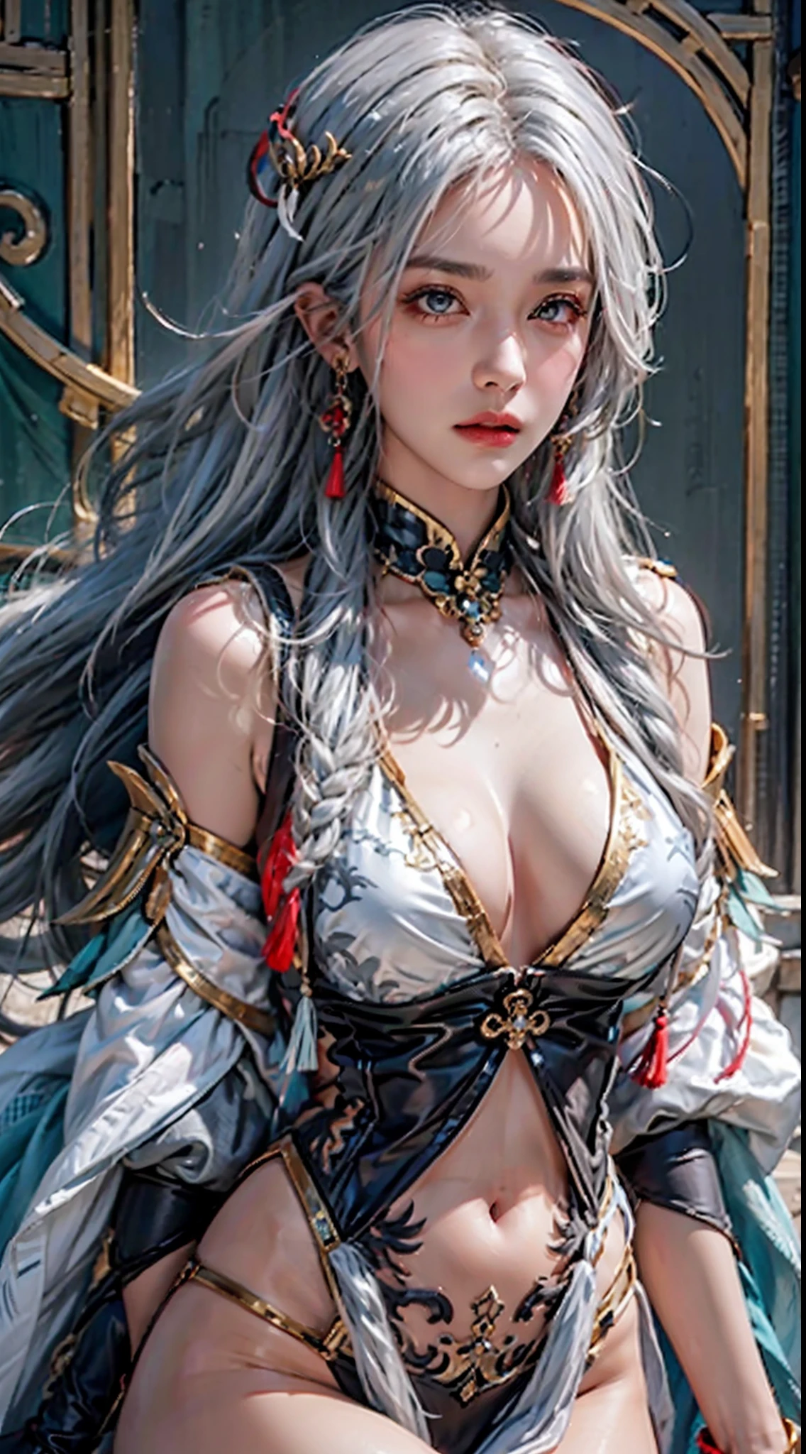 photorealistic, high resolution, soft light,1women, solo, hips up, (detailed face),tattoo, jewelry, grey hair,long hair,hair ornament, hair over one eye,,blue eyes,earrings,braided ponytail,puffy sleeves,gold trim,gloves,bodysuit,large breasts,breast curtain, shoulder cutout,covered navel,hip vent,clothing cutout, tassel, shenhe \(genshin impact\)