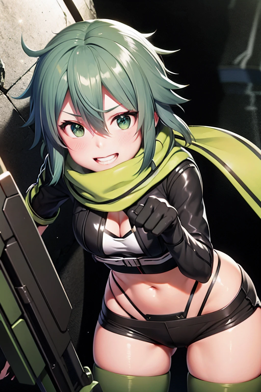 Shinono, green hair,large breats,light smile,gloves, shorts, fingerless gloves, scarf, short shorts, black shorts, anti-materiel rifle,best quality