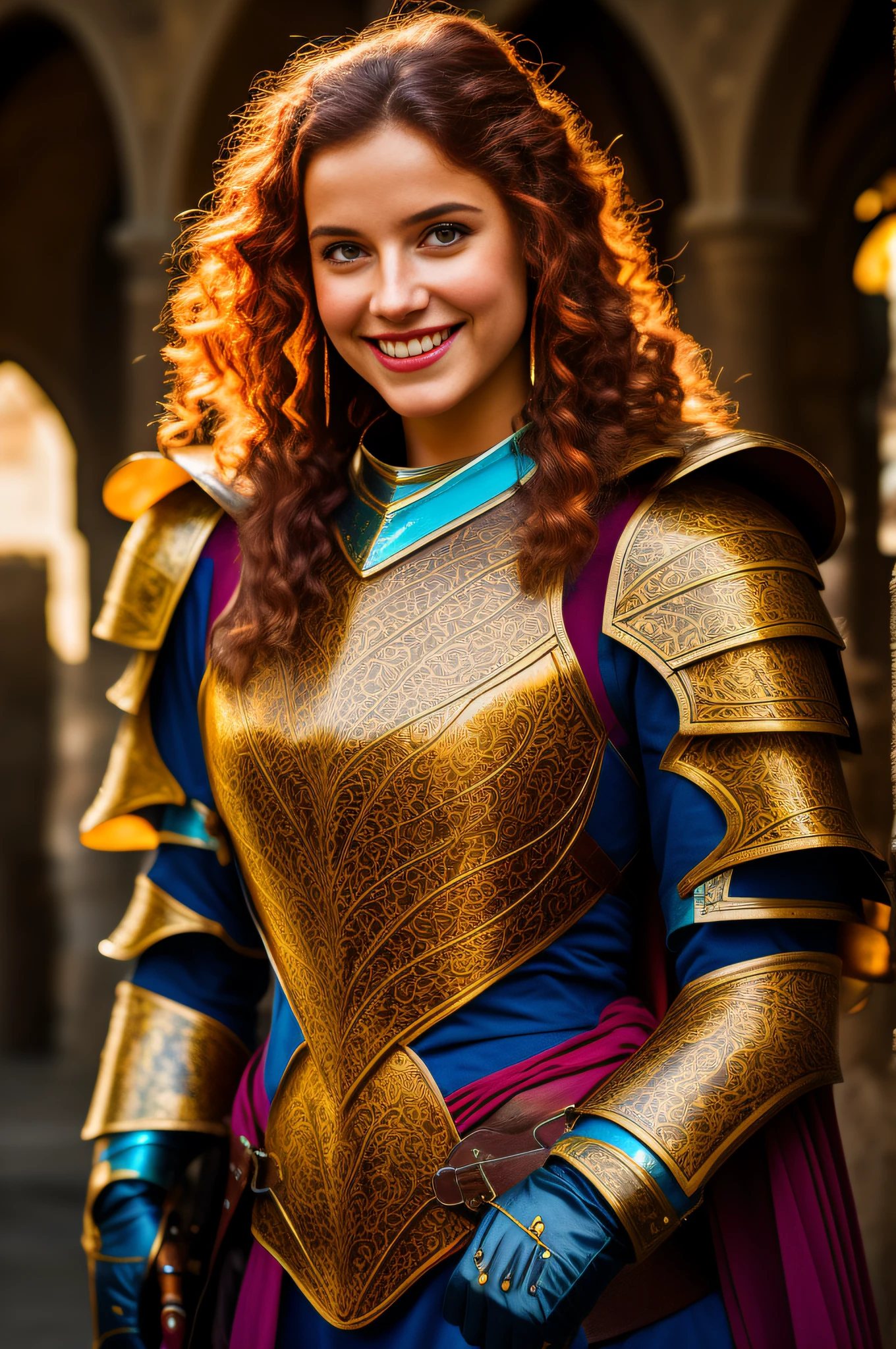 colorful aesthetic, Complementary colors, filmgrain, hdr, Hyperrealistic, Latin sexy woman, The light is warm and atmospheric, Masterpiece, Medieval armor, Seductive smile, Sexy pose, Soft light, stunningly beautiful
