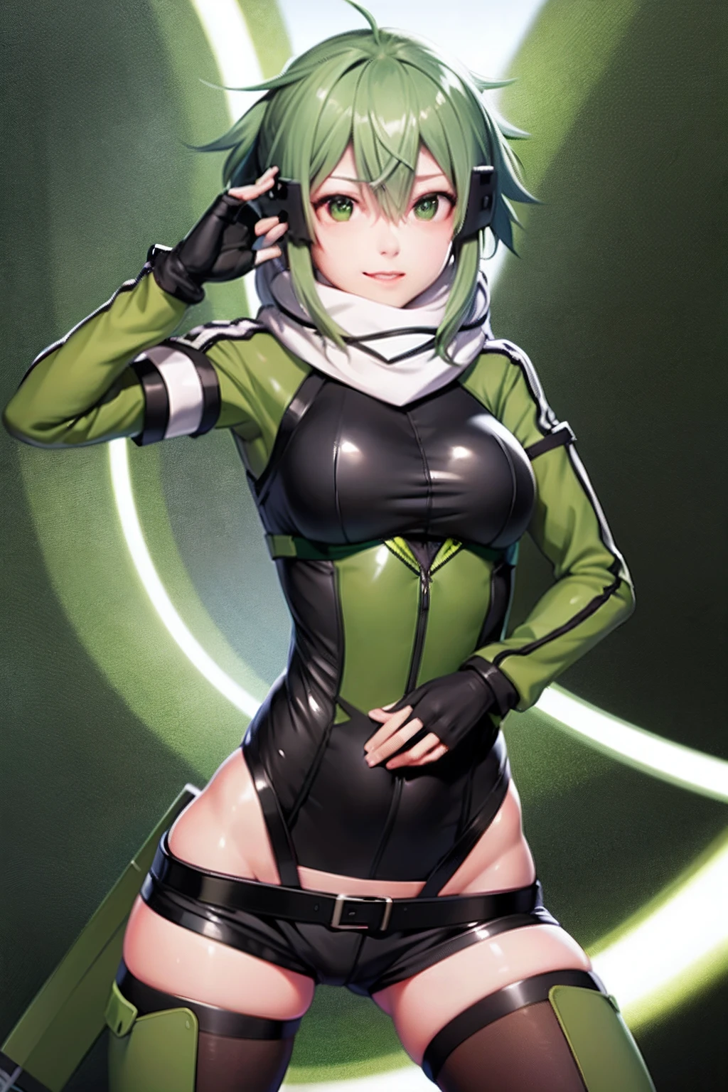 Shinono, green hair,large breats,light smile,gloves, shorts, fingerless gloves, scarf, short shorts, black shorts, anti-materiel rifle,best quality