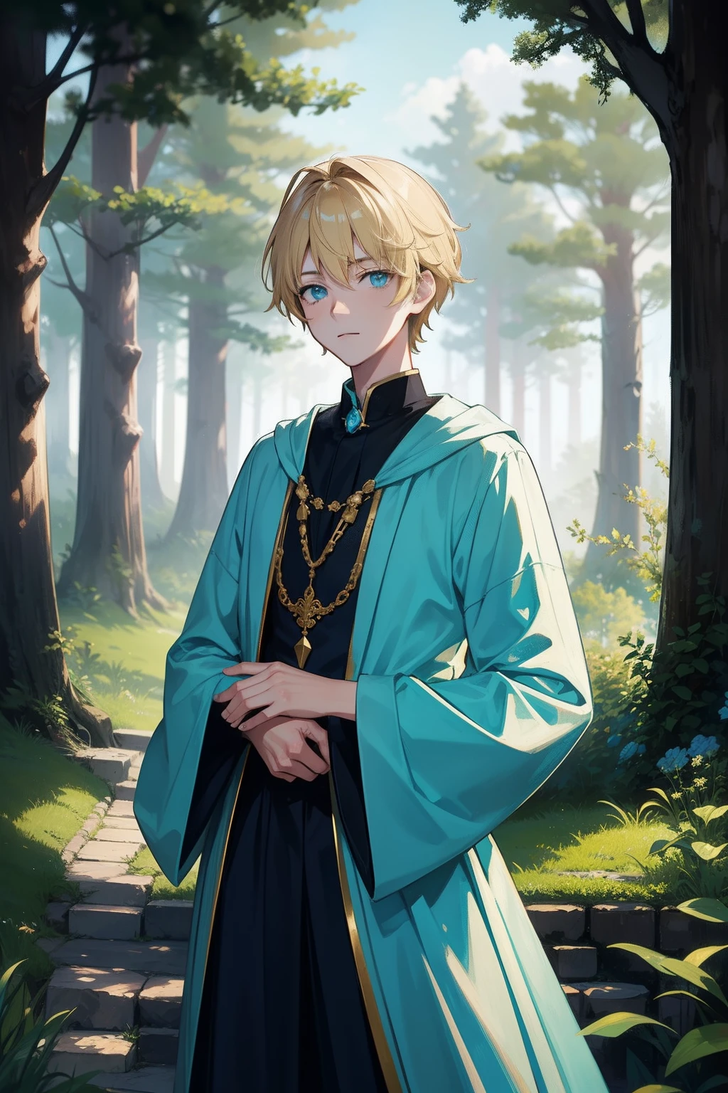 Character standing drawing，17-year-old boy，light-blonde hair，cyan pupils，ornate gown，forest backgrou，Complicated details