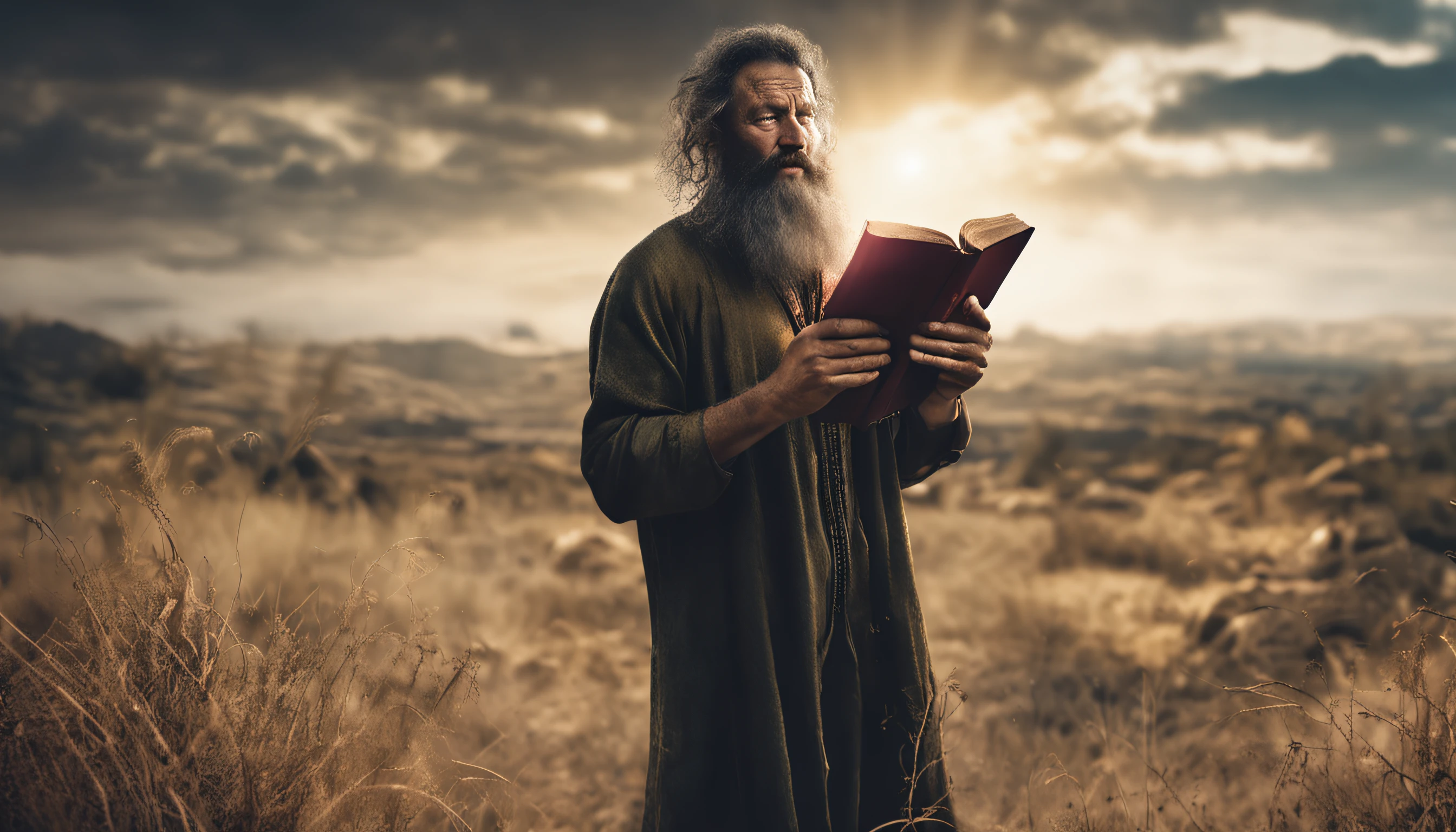 (Biblical times) ao (On the left side of the image is a bearded man holding a luminous book in his hands) ao (On the right side of the image there is a scary demon) (Biblical times) profundidade de campo, Bokeh, Realismo, fotorrealista, hiper-Realismo, fotografia profissional, 8k UHD , DSLR, HDR , piece of master, melhor qualidade, filme granulado, Pintura fotorrealista, Fujifilm XT3