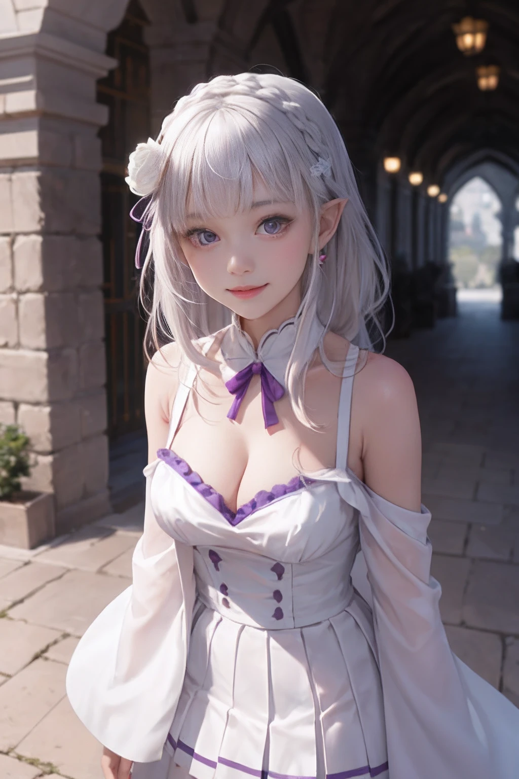 top-quality、hight resolution、ultra-detailliert、8K, Emilia、Emilia Masterpiece、top-quality, A girl is in the courtyard of the castle, bangss, Clothes are white, Long cuffs, Bare_shoulders, blunt_Bangs, bblurry, Blurry_Background, Blurry_Foreground, red blush, Braids, breastsout, cleavage of the breast, Closed_Mouth, ​​clouds, diadems_braid, tag, Depth_In the_field, Detached_sleeves, doress, Emilia_\(Re:Staynight\), eyebrows_Visible_through_hair, florals, Pedras preciosas, hair_flower, hair_ornament detached, hair_bow ribbon, lens_f lare, long_hair, up looking_で_viewer, low-tied_long_hair, Medium_breasts, One_eye_Closed, plein air, pleats_Skirt, spiky_Ears, Purple_Eyes, Purple_bow ribbon, bow ribbon, Silver_hair, skirt by the, Skysky, A smile, 独奏, very_long_hair, white_flower