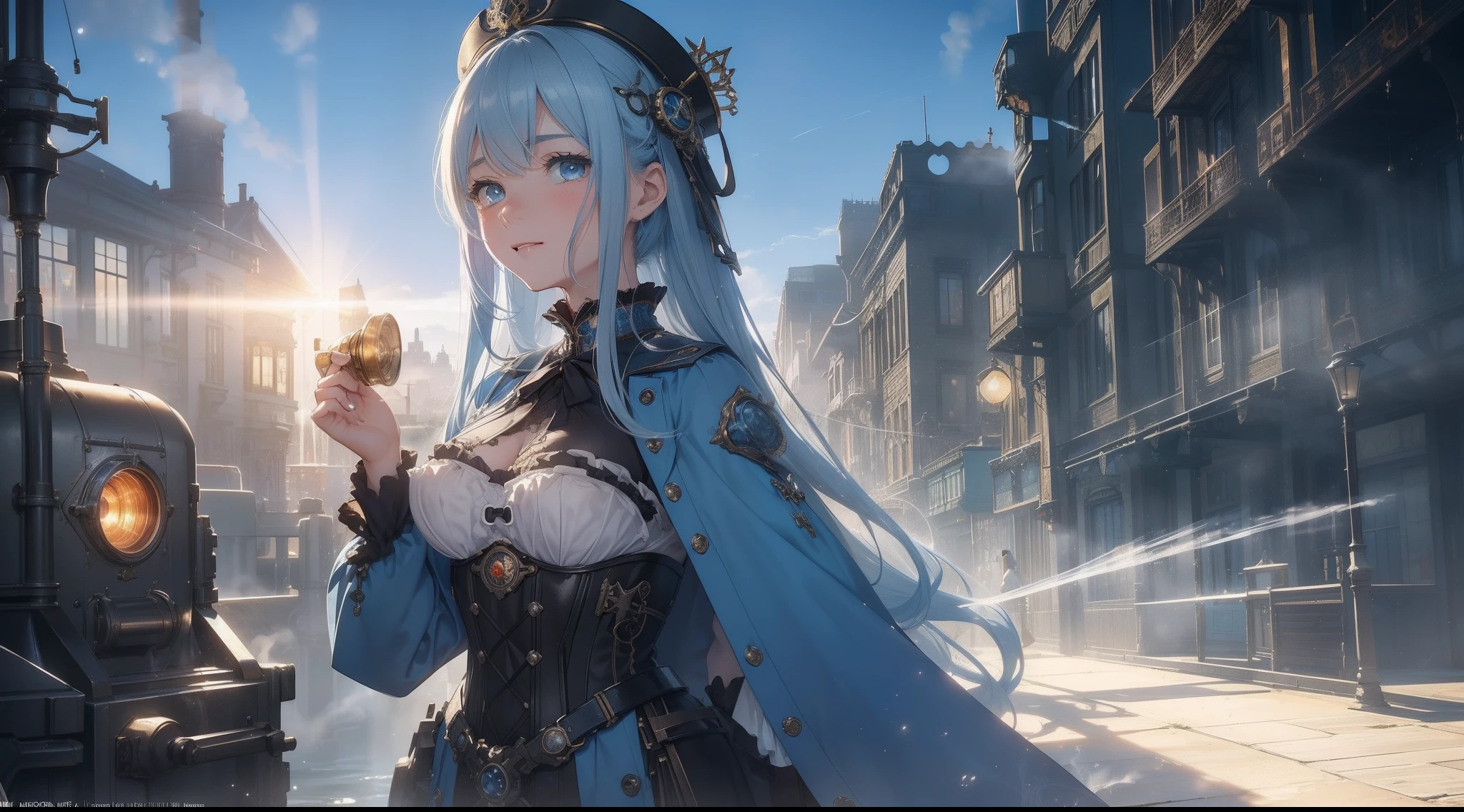 ​masterpiece, 8K，超A high resolution, Top resolution, Accurate rendering, Beautiful and smooth depiction, Overhead view, Very cute woman in anime style, Autumn makeup, Eyes drawn in great detail, Drew thin fingers accurately，Wearing a high-level dress in Victorian steampunk style, Costume with built-in water cooling mechanism, Blue straight hair, ((Intricately designed piping and gear, Sky blue coat adorned with countless gears and chronometers, Full body, Abundant steam, )), zoomout, ((Eventide)), Galaxy Images, Perspective, ((Faint smile)), Emitting countless nixie lights, (((A retro Victorian-style industrial city surrounded by rugged valleys, Bright city decorated with nixie lights, Steam overflow, Spatial expanse, Sunlight is covered with steam))), (((radiant light, Splash expression))), ink drops, splashart，