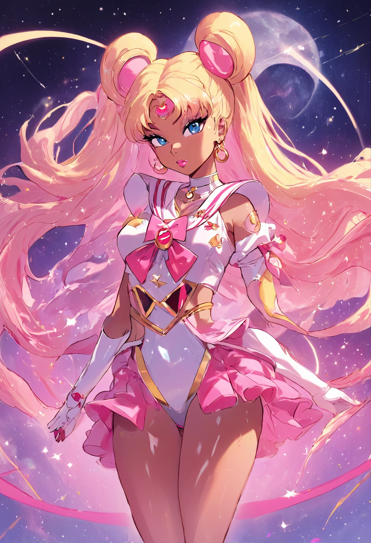 "Create a stunning artwork of Nicki Minaj as a hybrid of Sailor Moon with intricate details, vibrant colors, and dynamic poses. Incorporate elements of Sailor Moon's iconic outfit, such as the sailor collar and bow, while adding Nicki Minaj's unique style and attitude. Show her in a powerful and confident pose, with mesmerizing eyes and flowing hair. Enhance the image with celestial backgrounds, cosmic effects, and a touch of magic. Ensure the artwork is of the highest quality, with exquisite attention to detail and flawless execution."