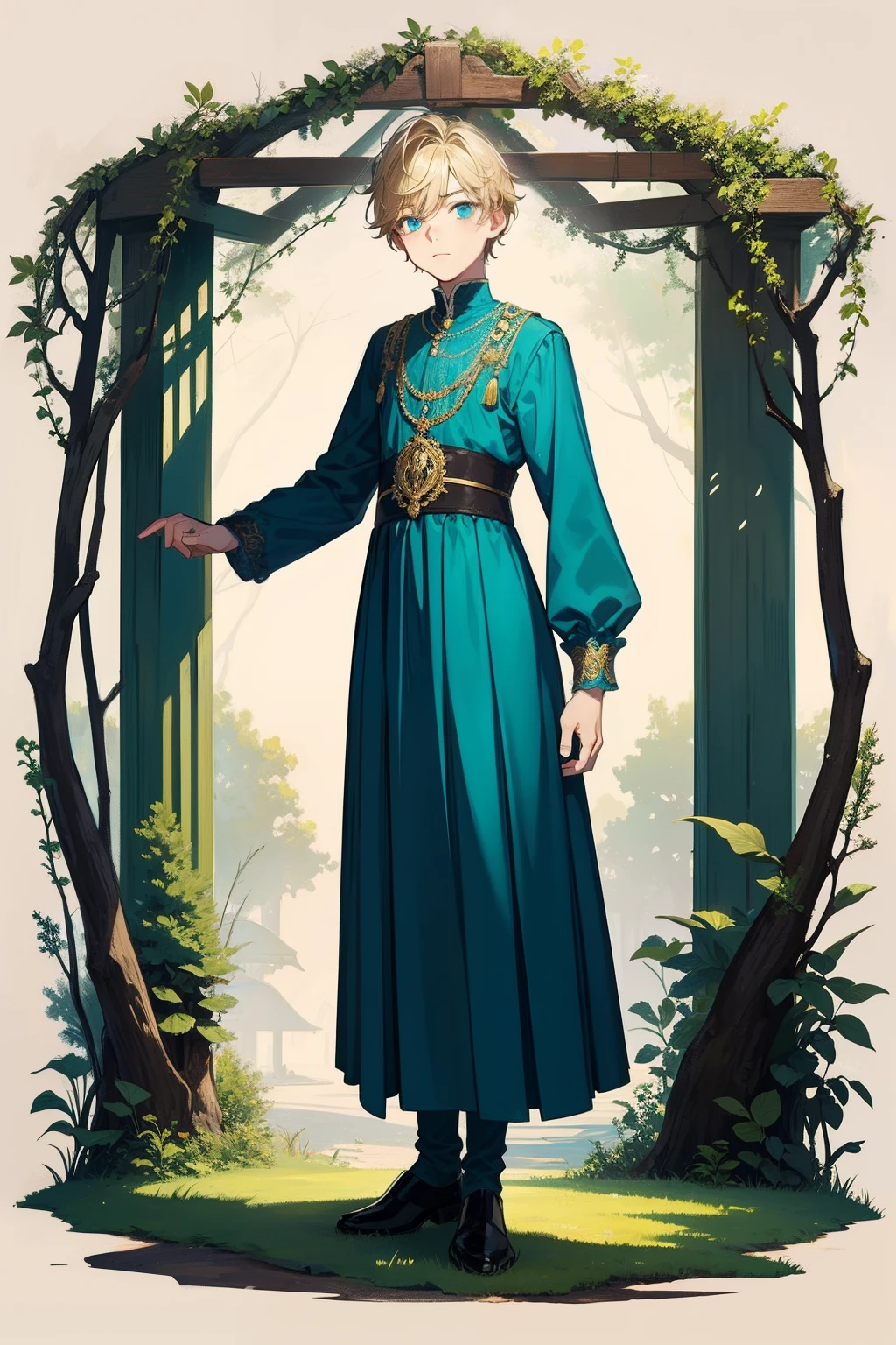 Character standing drawing，-yeld boight-blonde hair，cyan pupils，ornate gown，forest backgrou，Complicated details