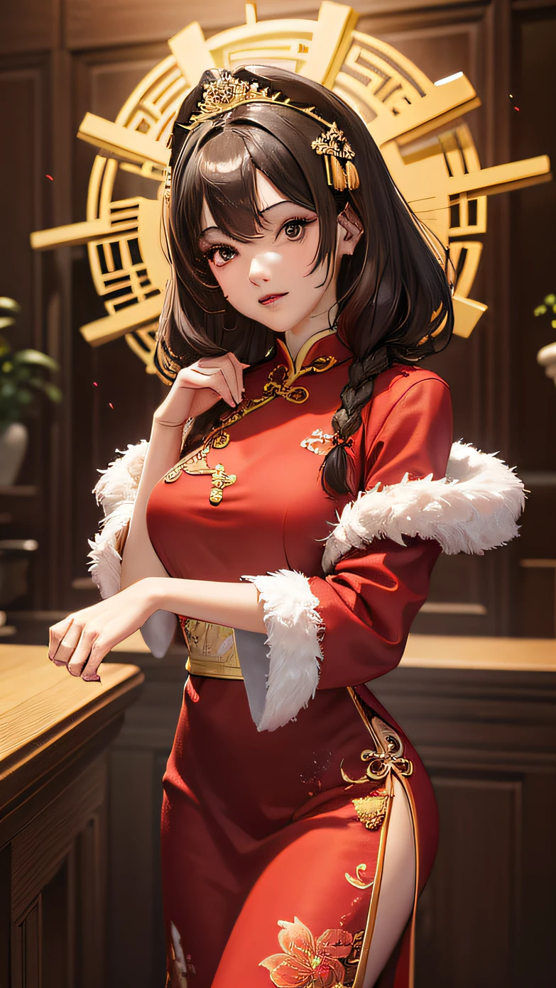 （（Best quality，tmasterpiece，A high resolution，CG）），（The face is good，It was perfect）tmasterpiece，Need，（Chinese style elements），curly brown hair，A cheongsam that completely covers the chest（Pink cheongsam），Embroidered pattern cheongsam，Elemental hair accessories，Solitaire element mode，goddes，Ultra-realistic realistic 3D，（Fine hands），（Playing cards in hand），Wearing a fur shawl