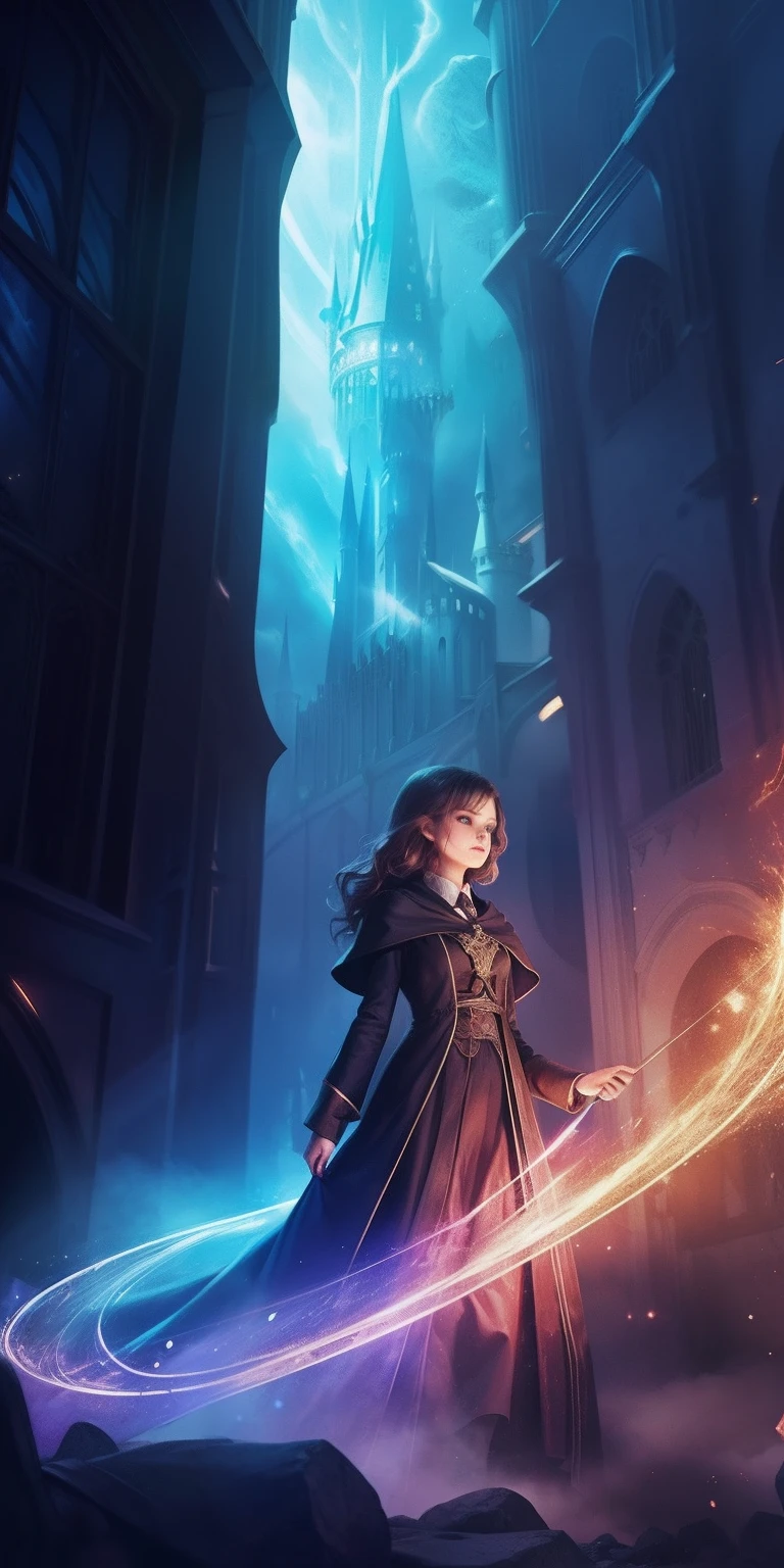 (Girls in the wizarding world,Magical elements,dream colors,with dynamism,Fantasy light and shadow,Delicate depiction,Unique style)