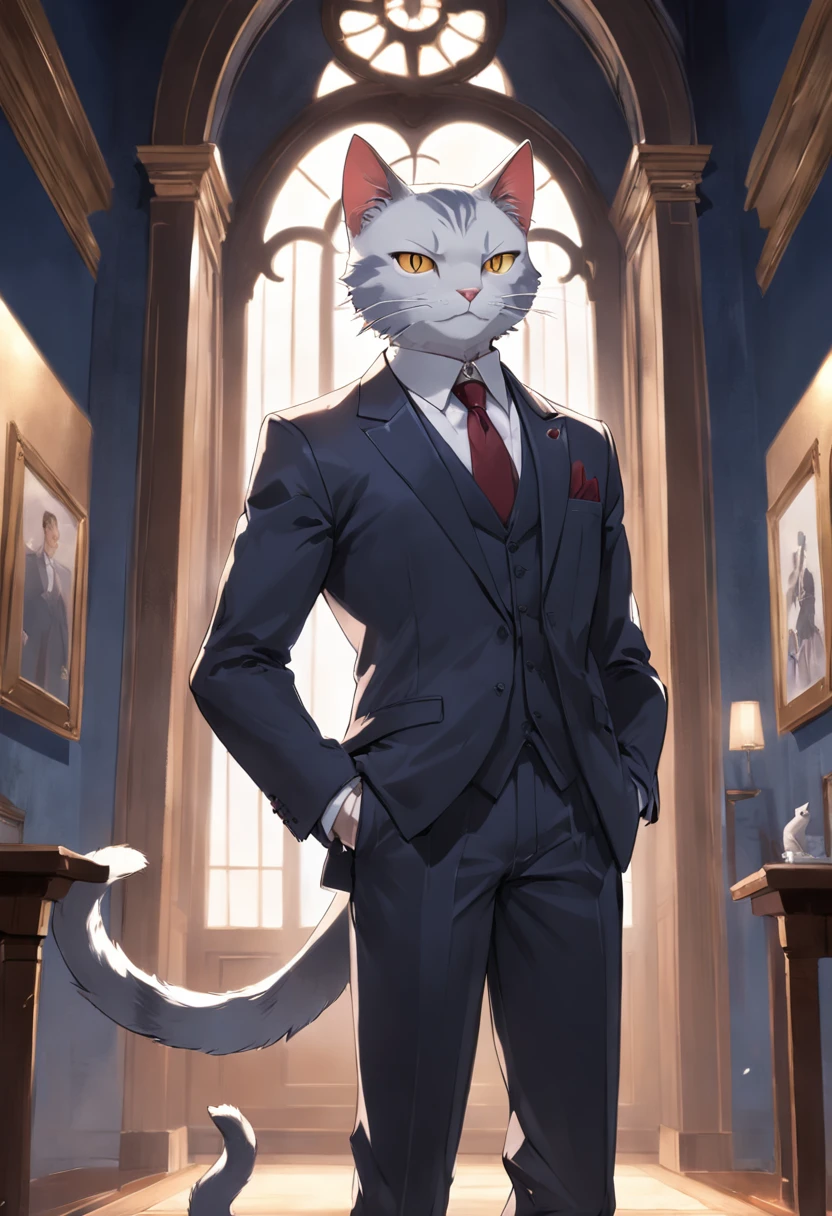 Cat in suit and tie standing by window, in a strict suit, in a strict suit, Portrait with a complete view of a standing figure , Dark suit, epic and classy portrait, highly detailed exquisite fanart, Official Character Art, well - dressed, dignified aristocrat, official character illustration, in his suit, Trending on ArtStation pixiv, high detailed official artwork, elegant cat , kindly smile , Gentle lol , Depicted from head to toe , Depiction that can be seen up to the feet