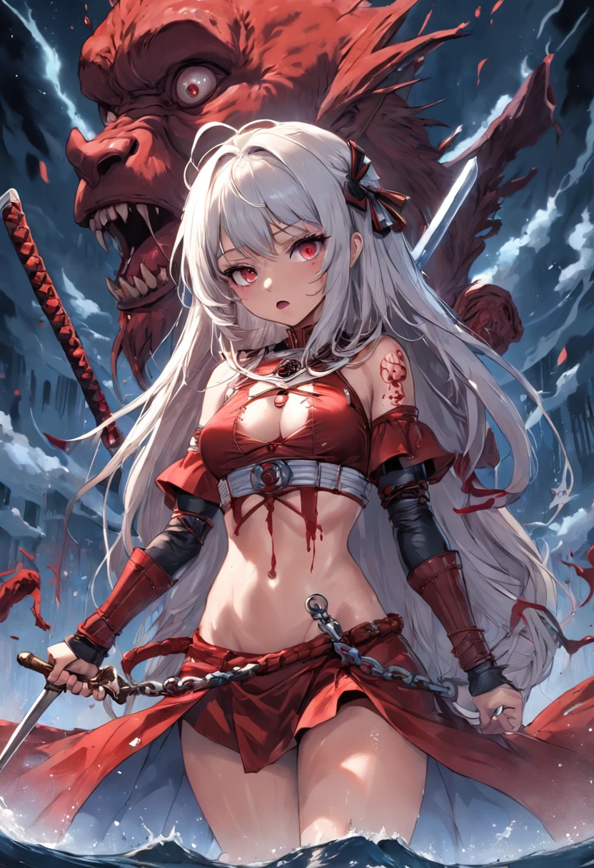 uma mulher pequena e fofa de cabelos brancos, with a well-detailed sword in his right hand, com correntes em sua perna e sangue no nas pedras, with a giant bear behind her with its mouth full of blood.