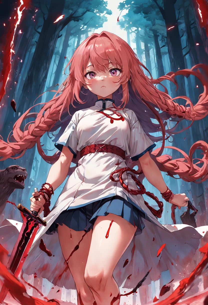 uma mulher pequena e fofa de cabelos brancos, with a well-detailed sword in his right hand, com correntes em sua perna e sangue no nas pedras, with a giant bear behind her with its mouth full of blood.
