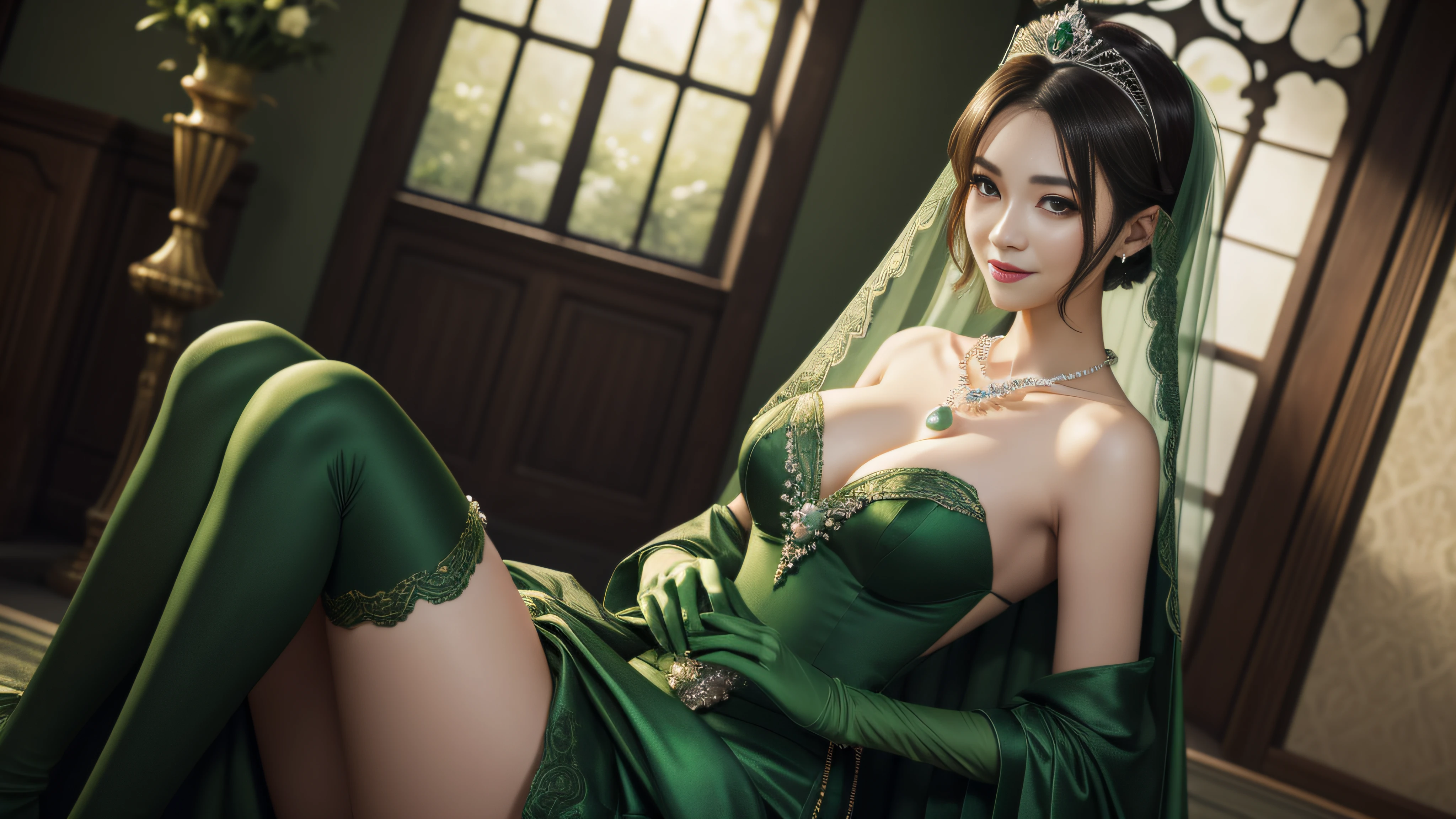 studio lights、depth of fields、full body Esbian、A slender、cute face、A smile、Beautiful detail eyes、Green Dress Flower Cleanser,Sense of atmosphere, best qualtiy,tmasterpiece,1girll,30-years old,Green dress,Daytime Church,full body Esbian, Green gloves,green very short hair,big breasts beautiful,looking at viewert,ssmile,Green Bridal Veil,Green Long Grove,Satin green long gloves, lipsticks, Pearl Necklace、Green gloves, emerald tiara, A Japanese Lady, Detailed Five Fingers