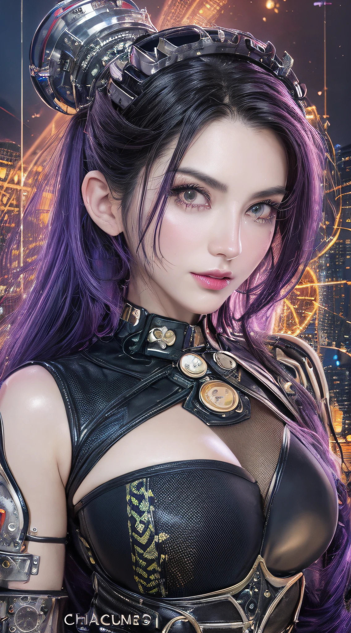 ((realistic)), ((best quality)), ((masterpiece)), (ultra details), 1girl, futuristic, cute face, k-pop idle IVE, messy hair, curly hair, wearing パワードスーツ、mechanical, wearing futuristic clothing, sexy posing, background cyber punk, background neon sign, steam punk, blue nipples, blue nipples, purple nipples, red nipples, yellow nipples, in spaceship
