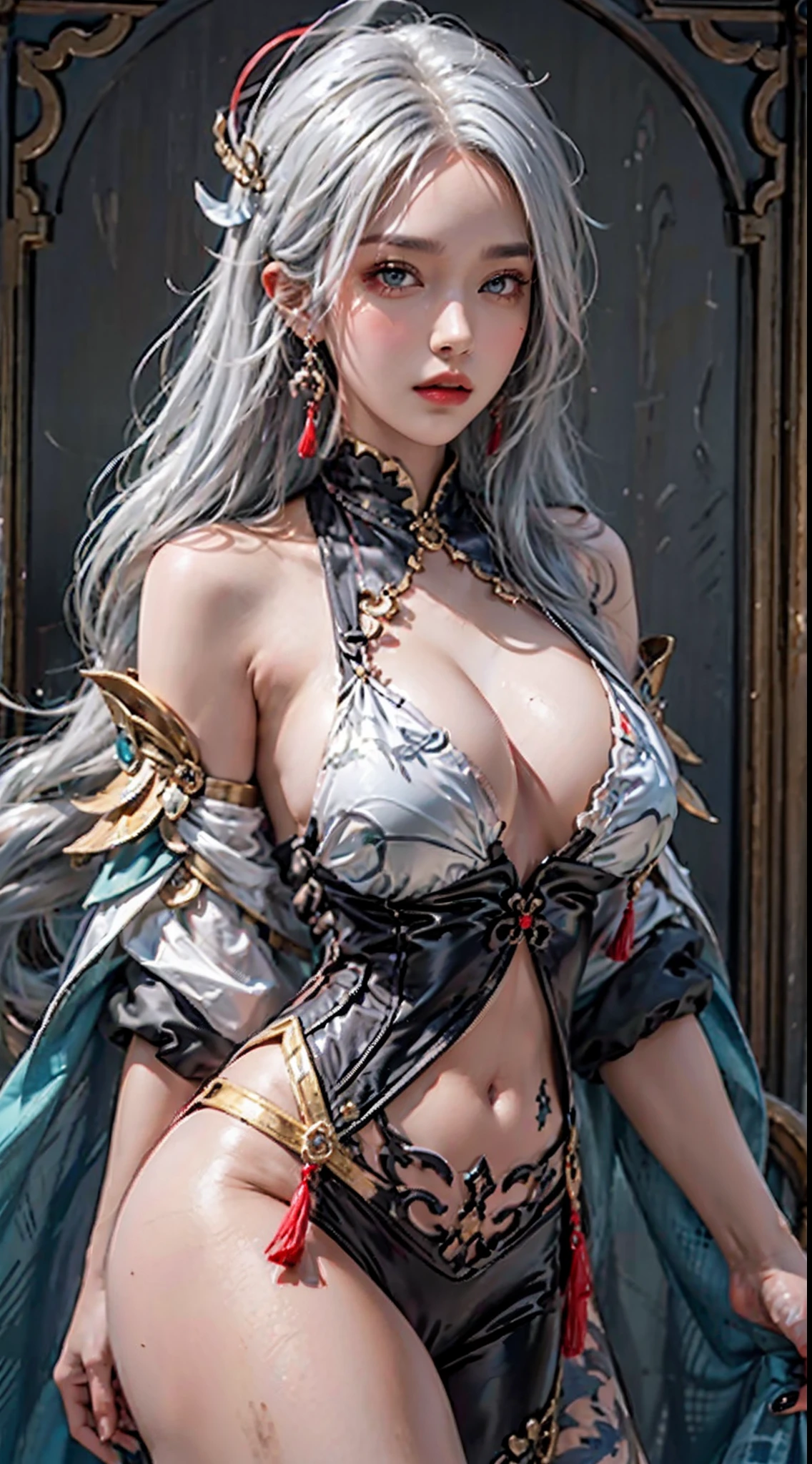 photorealistic, high resolution, soft light,1women, solo, hips up, (detailed face),tattoo, jewelry, grey hair,long hair,hair ornament, hair over one eye,,blue eyes,earrings,braided ponytail,puffy sleeves,gold trim,gloves,bodysuit,large breasts,breast curtain, shoulder cutout,covered navel,hip vent,clothing cutout, tassel, shenhe \(genshin impact\)