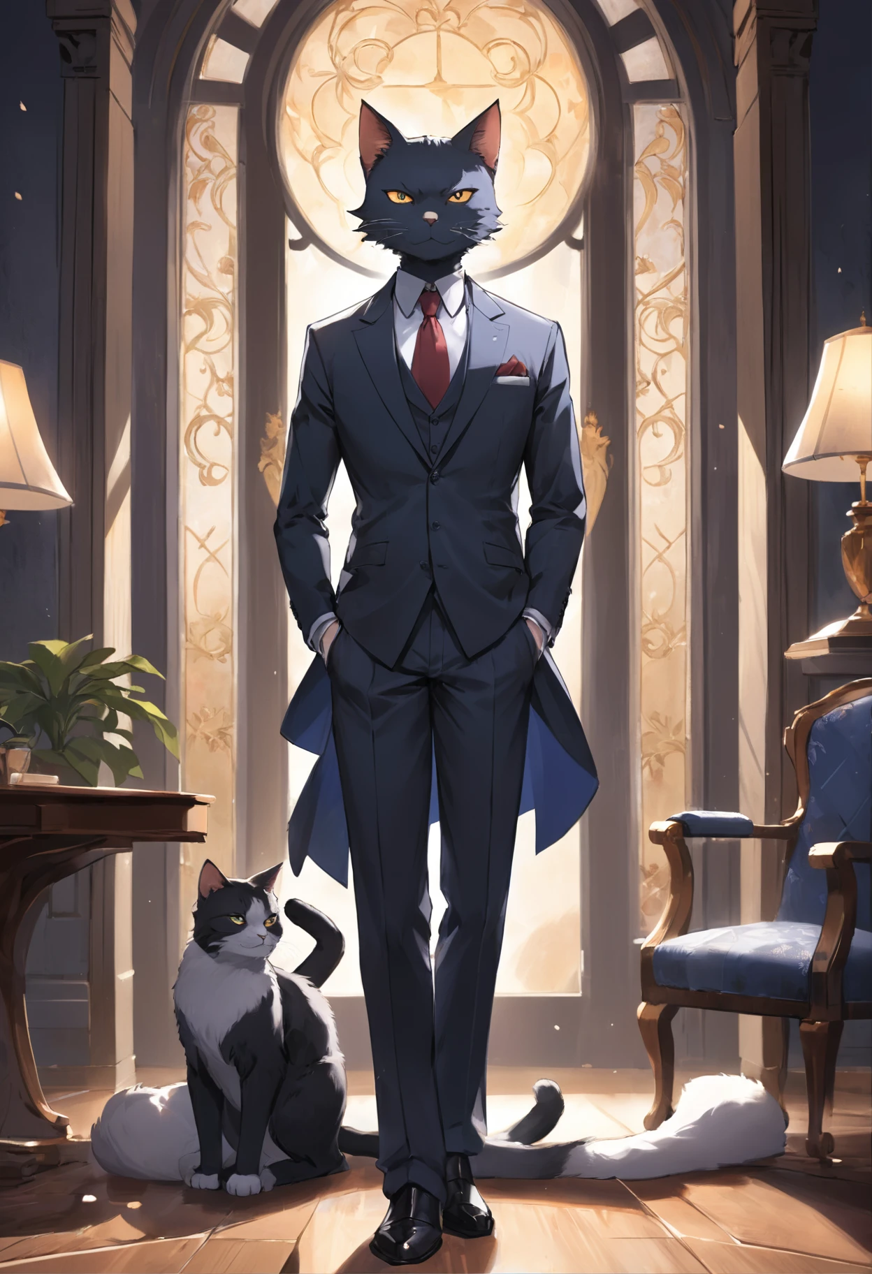 Cat in suit and tie standing by window, in a strict suit, in a strict suit, Portrait with a complete view of a standing figure , Dark suit, epic and classy portrait, highly detailed exquisite fanart, Official Character Art, well - dressed, dignified aristocrat, official character illustration, in his suit, Trending on ArtStation pixiv, high detailed official artwork, elegant cat , kindly smile , Gentle lol , Depicted from head to toe , Depiction that can be seen up to the feet