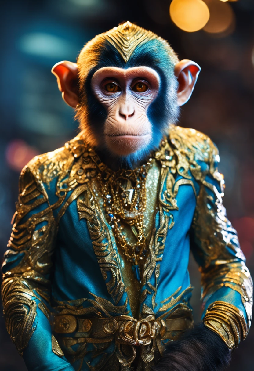 Portrait photo of monkey man in fashionable clothes, ((Light bokeh)), Intricate, (Crystal jewelry), elegant, Sharp focus, Photo by Greg Rutkowski, Soft lighting, Vibrant colors, (Masterpiece), ((Streets)), (Detailed face:1.2), (Glowing blue eyes:1.1)  ,Monkey mutants,golden armour,Monkey mutant face,Pedras preciosas，(Glass protective goggles)， gold， jewely，Fashionab