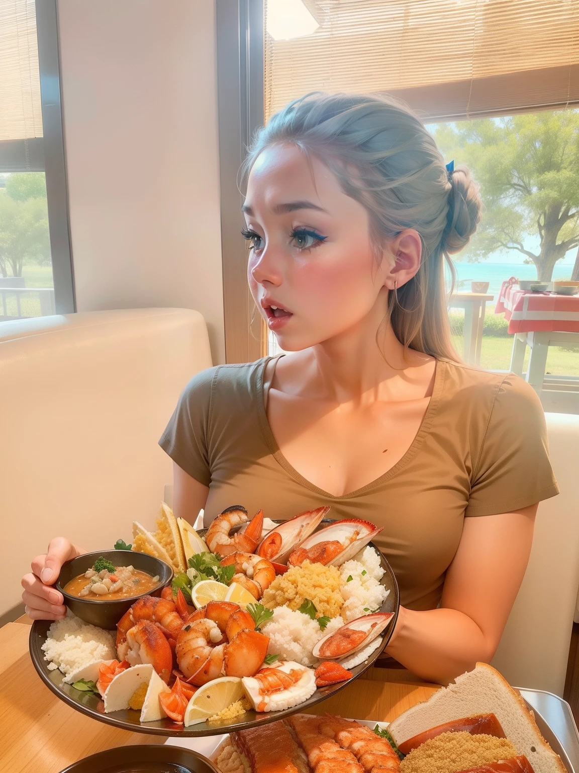 Girl eat seafood plate