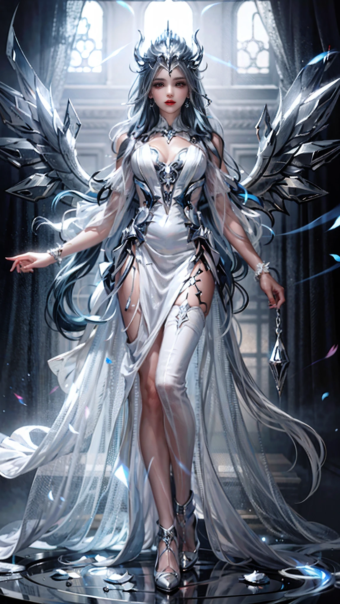 Silvery hair,the angel's wings,Silver-white clothes with fuchsia decoration,Long white legs,silver high heels,