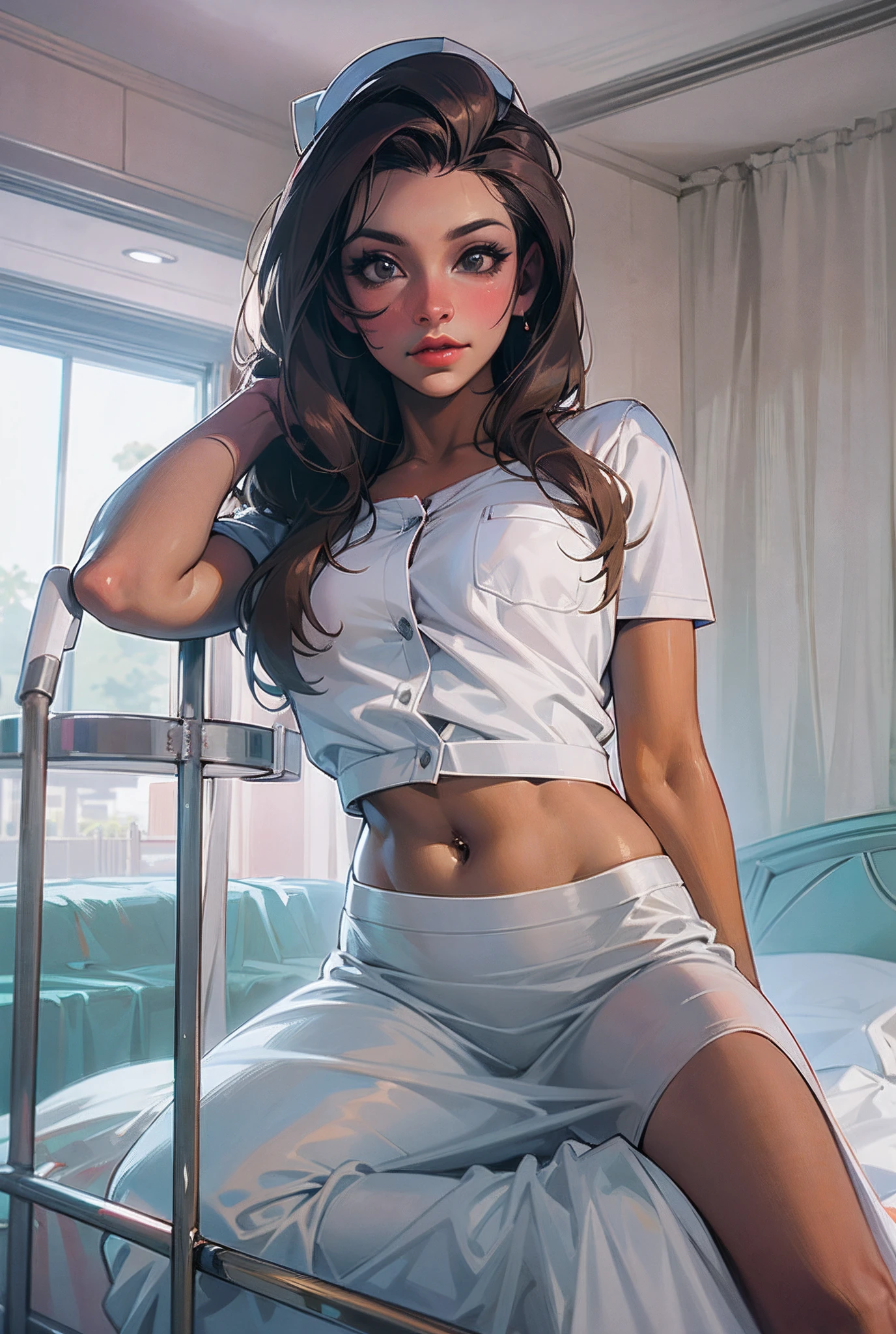 There's a beautiful, mulher sexy de 30 anos (Peta Jensen pov), cabelos longos cinza (cabelos grisalhos), nurse enfermeira, roupa branca justa, Blouse unbuttoned to the belly, completamente desabotoado, without the buttons, piercing na barriga, no-bra, does not wear a bra, belos seios enormes (Angela Big White)), Large melons, Mamalhuda, molhados e macios, suada, corpo molhado, suor escorrendo pelos seios, close debaixo, visto debaixo, Bottom view, olhar debaixo, olhar penetrante e sensual, nariz esnobado, boca entreaberta, carnudo, red lips, olhos azuis, pele clara, sardas, sardas no rosto, sardas no peito, fogosa e lasciva querendo prazer, quadril largo, vestido bem curto justo, quadril largo, sentada em uma cama em um quarto de hospital, untidy sheets, quarto rico em detalhes, cinematic natural light, luz lateral, great contrast, Sombras, filtro, profundidade, anatomia feminina perfeita, 4k