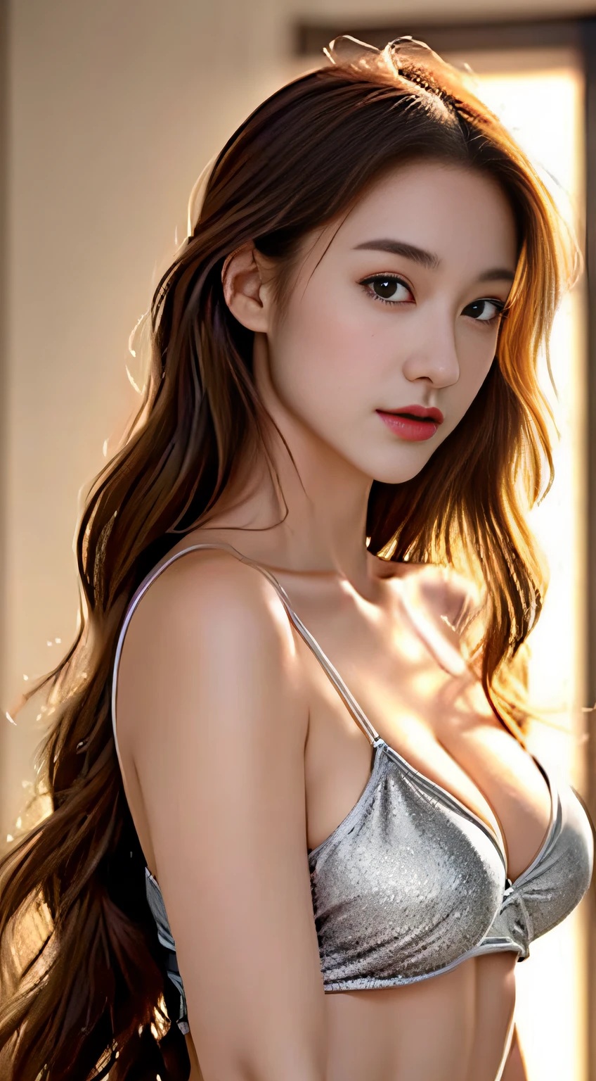 top-quality。８K-Picture。Ultra-high pixel。The background is the sea。((Hair has a long silver wavy shape)),。Overall delicate quality。((Style is slender super busty woman：1.6))。Close to the perfect woman。legs are long、thin waist。Shot in colorful bikini。face is、clear double eyelids。lofty nose。sexy lip。The contours are slim、Longer。((thinly tanned skin))。((Slender Giant Beauty))。One more thing、Small Devil。A woman with a cute but suspicious inner world。