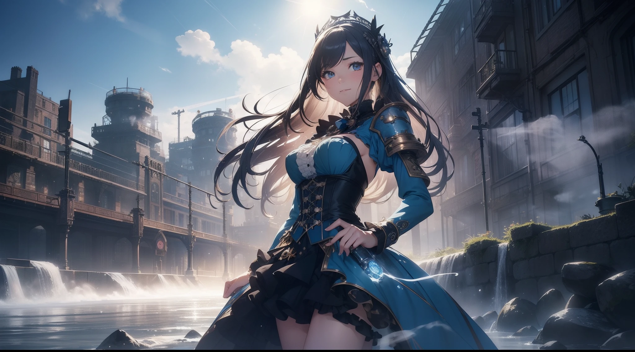masterpiece, 8K,超A high resolution, Top resolution, Accurate rendering, Beautiful and smooth depiction, Overhead view, At dusk,Very cute woman in anime style, Autumn makeup, Eyes drawn in great detail, Drew thin fingers accurately,Wearing a high-level dress in Victorian steampunk style, Costume with built-in water cooling mechanism, Blue straight hair, ((Intricately designed piping and gear, Sky blue coat adorned with countless gears and chronometers, Full body, Abundant steam, )), zoomout, ((Eventide)), Galaxy Images, Perspective, ((Faint smile)), Emitting countless nixie lights, (((A retro Victorian-style industrial city surrounded by rugged valleys, Bright city decorated with nixie lights, Steam overflow, Spatial expanse, Sunlight is covered with steam))), (((radiant light, Splash expression))), ink drops, splashart,