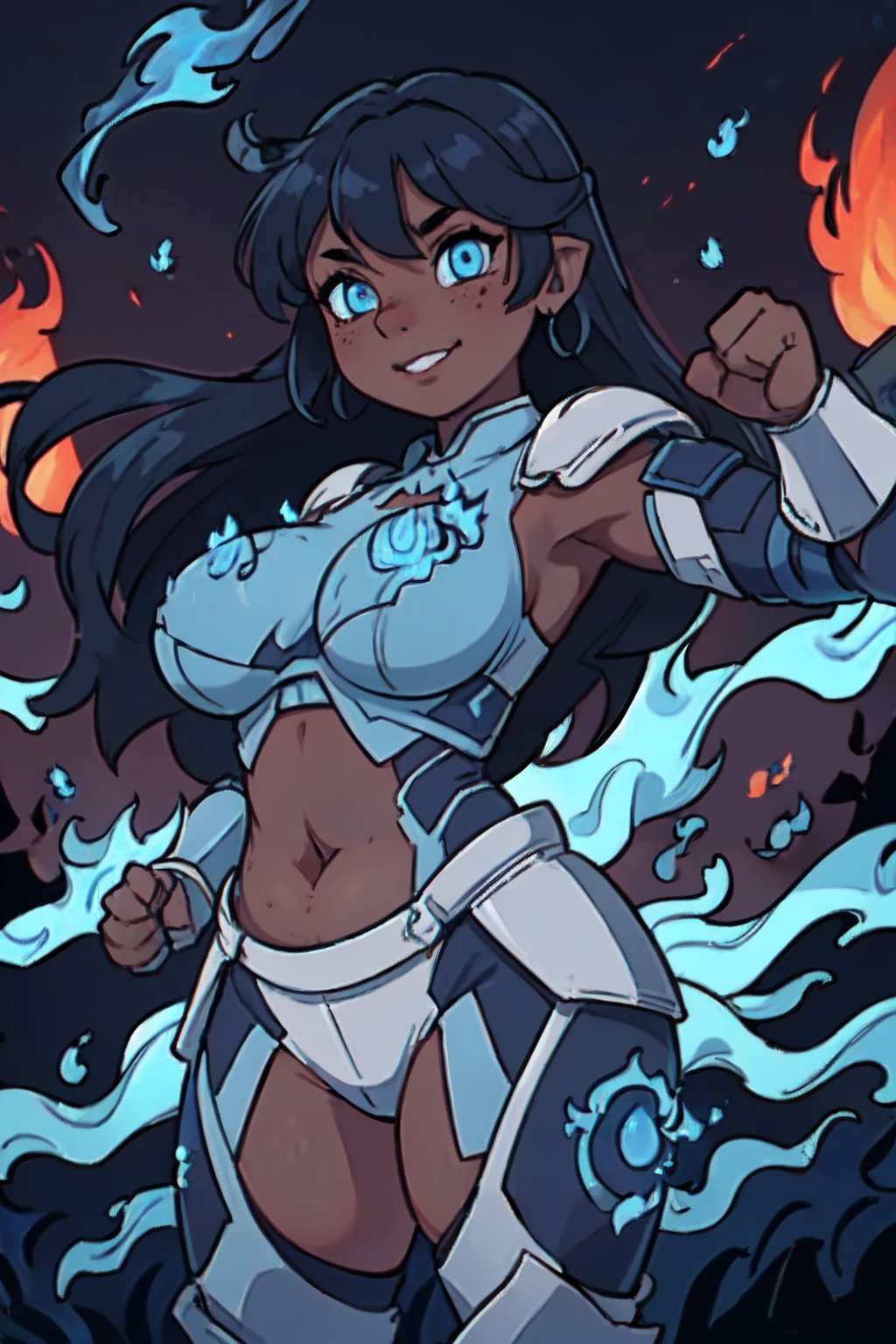 (1girl: 1.8), ((solo)), (dark skinned:1.8), goblin_girl, (azure_blue_hair: 1.8), very long hair, wide body, (small stature:1.6), (huge breast:1.7), hair between eyes, wide hips, blue eyes, mole, mole on chest, age up, lips, big lips, big noise, thick eyebrows, (chubby:1.7), smile, freckles, (super heroine: 1.7), pyrokinesis, (battle suit:1.5), (fight pose:1.7), (blue flames:1.5), sunset, shiny hair, (glowing armor:1.6), wildfire, full moon