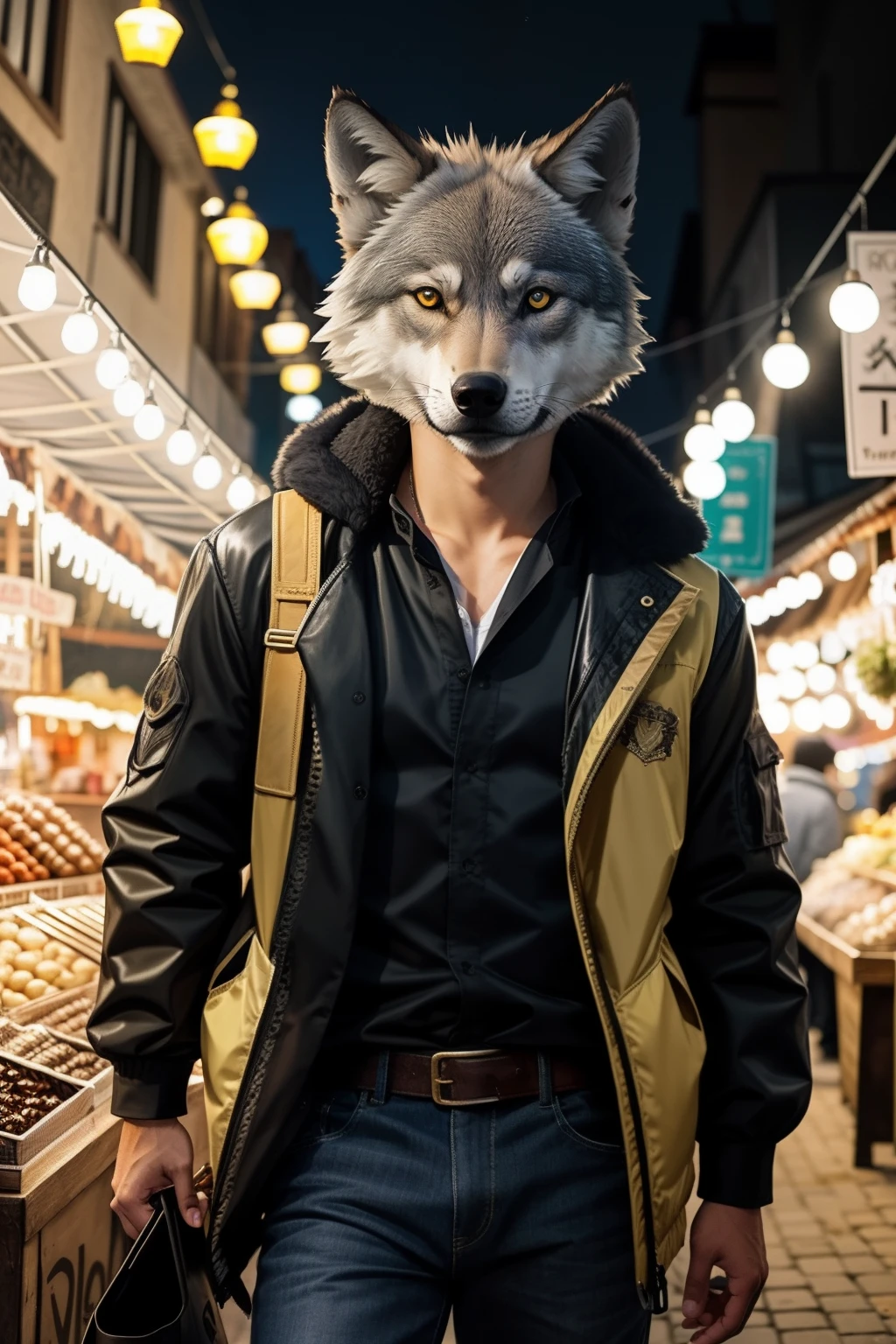 cool guy，Wolf head，Shop at the long outdoor animal market，the night：1.4，Ancient shop theme：1.4，（realism light effect：1.4，RAW photogr，Wear loose bright yellow formal wear，tmasterpiece：1.2，best qualtiy：1.4，Photorealsitic：1.4