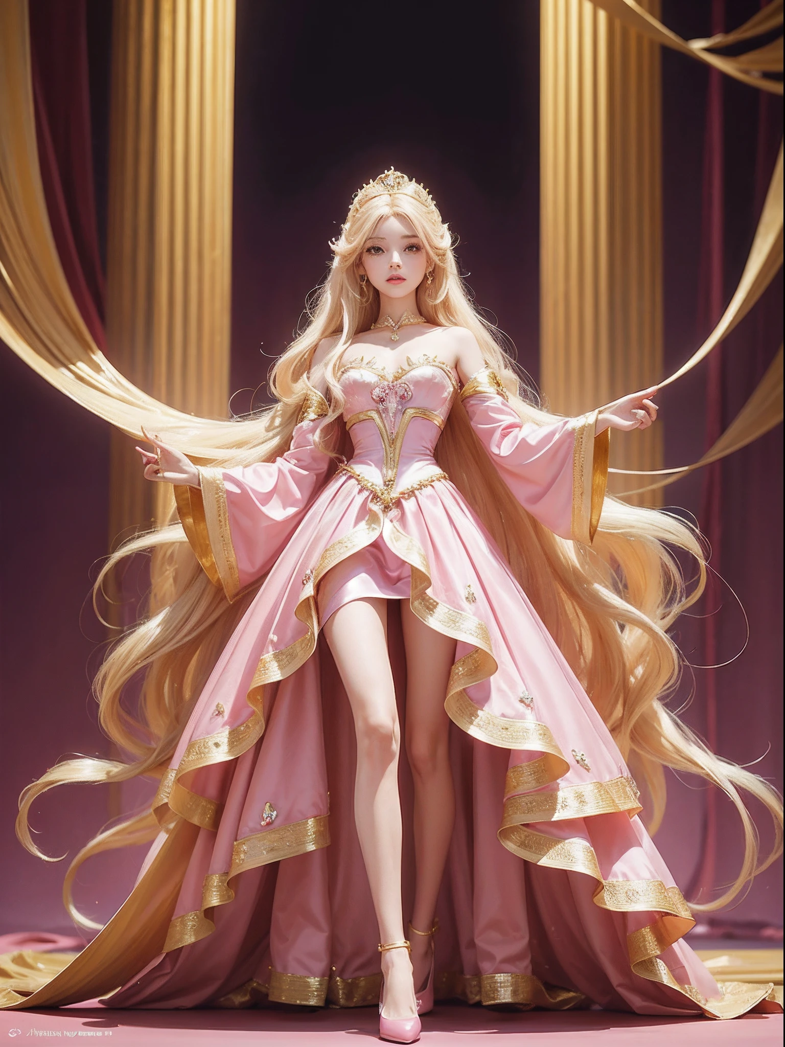(Pinkish background:1.5),barbiecore,A princess,(cabellos largos dorados:1.5)cabellos largos dorados,Kizi,delicated face,a very thin waist,plumw,Sexy long legs,Crystal shoes,Golden hair,standing on your feet,Pinkish background