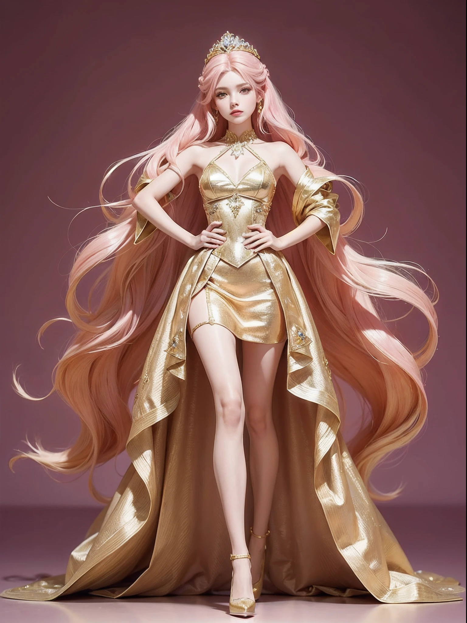 (Pinkish background:1.5),barbiecore,A princess,(cabellos largos dorados:1.5)cabellos largos dorados,Kizi,delicated face,a very thin waist,plumw,Sexy long legs,Crystal shoes,Golden hair,standing on your feet,Pinkish background