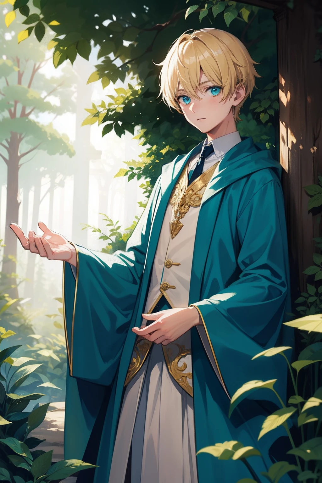 Character standing drawing,17-year-old boy,light-blonde hair,cyan pupils,ornate gown,forest backgrou,Complicated details