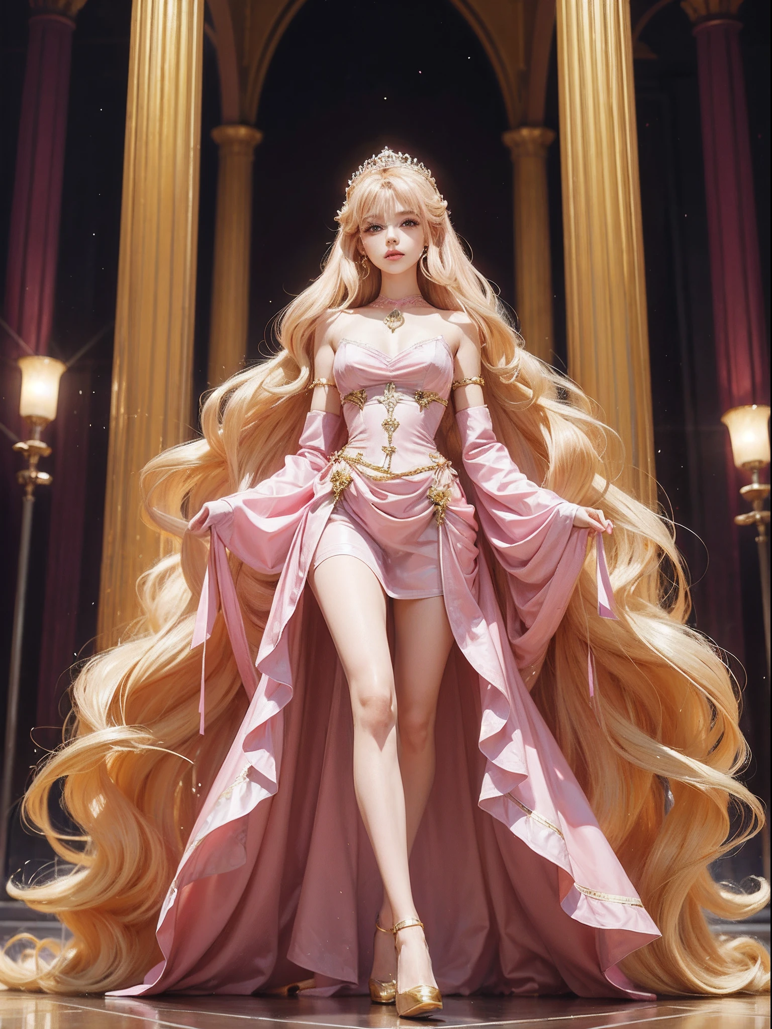 (Pinkish background),barbiecore,A princess,(cabellos largos dorados:1.5)cabellos largos dorados,Kizi,delicated face,Crystal shoes,golden hair