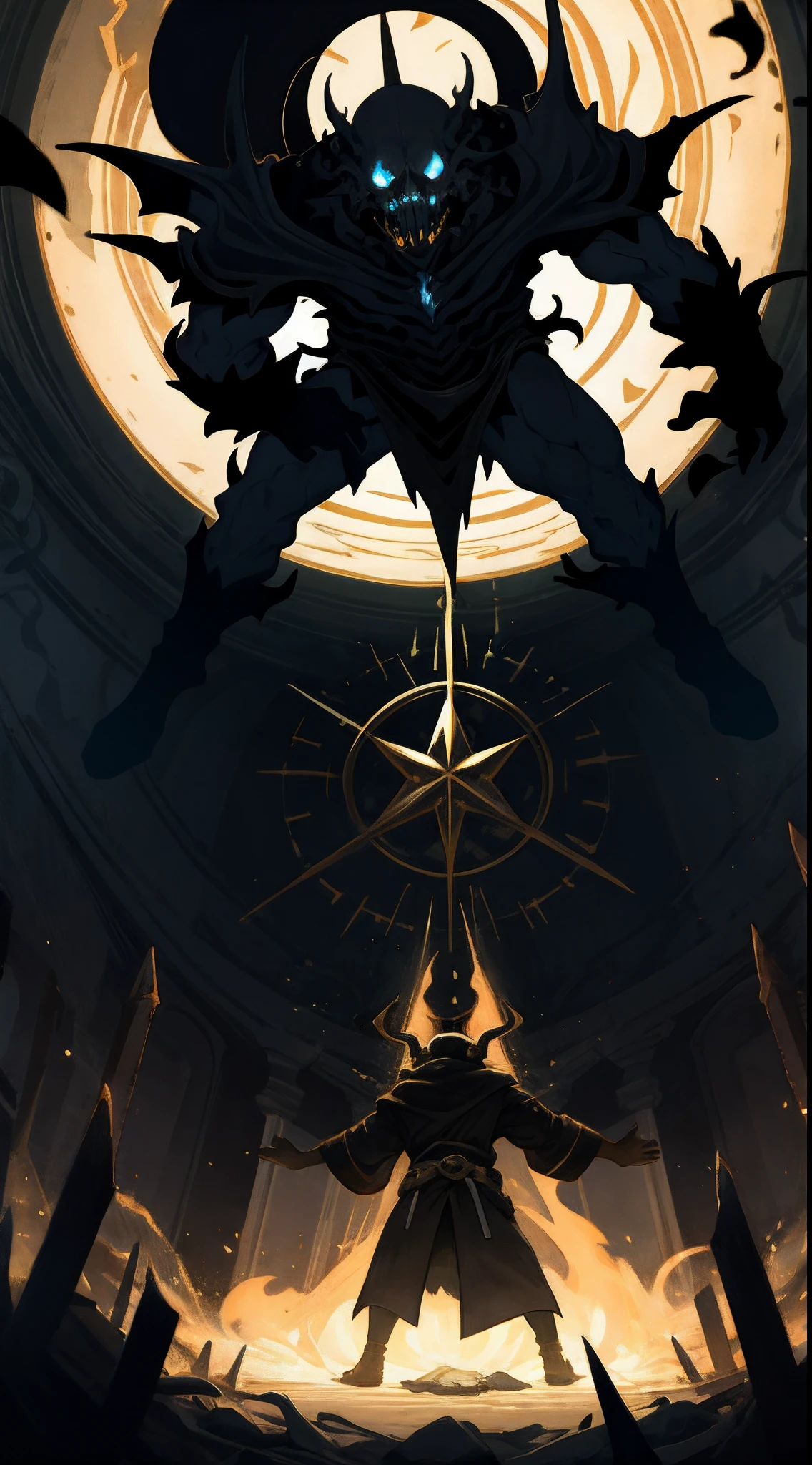 highres, top quality, best quality, paid reward available, High-quality illustrations by Vermeer, unparalleled masterpiece, perfect artwork, absurdres, perfect anatomy, standing in room, summoning an eldritch god,, summoning undead friends, spellcasting pose, album art, mmorpgs scene, dynamic lighting, deep shadow, cinematic angle,