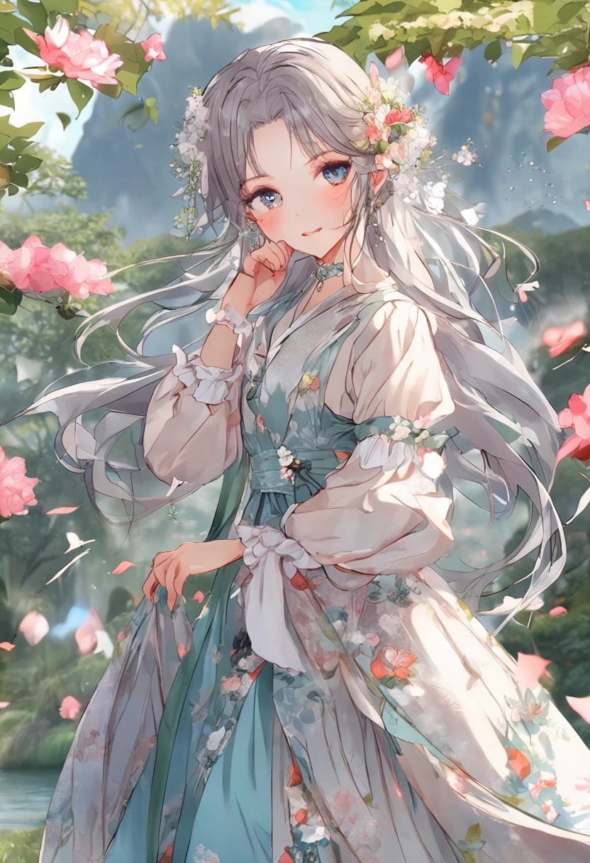 (masterpiece、top-quality、illustratio、Extremely high quality、high-level image quality、Extremely sensitive writing)Girl with long silver hair standing in beautiful flowery garden、A slight smile、She has a large bouquet、Cute national costume style dress with ruffles on the shoulders、Hair fluttering in the wind