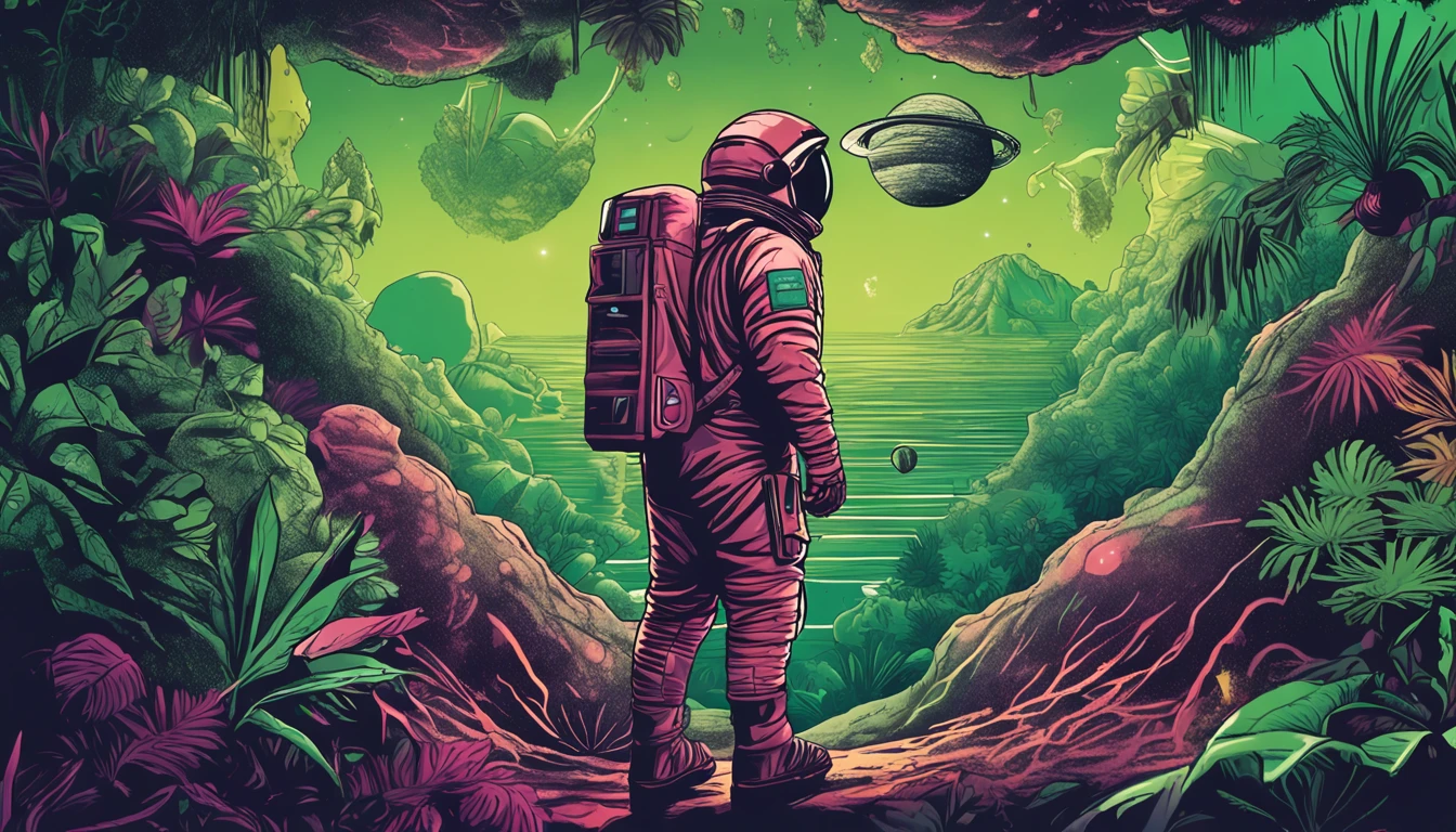 Hyperealist wallpaper in 8K with an astronaut from Pernambuco growing a plant in outer space. A cena captura o astronauta em seu traje espacial, cuidadosamente cuidando de uma planta de cannabis, while floating in the cosmic void. The green leaves of the plant contrast with the stellar scenery and the dark background of outer space. This hyperealist representation is a unique fusion between the culture of Pernambuco and space exploration, Creating an intriguing and unique image for your wallpaper