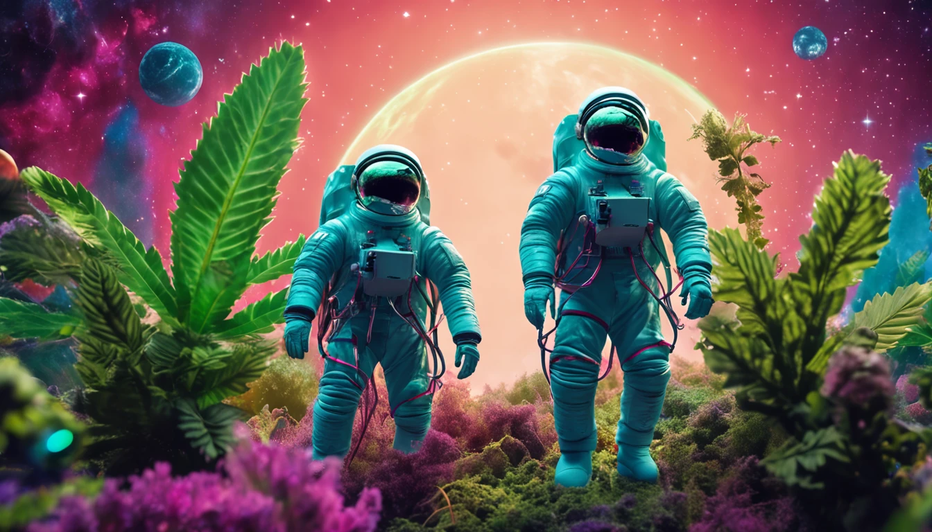 Hyperealist wallpaper in 8K with an astronaut from Pernambuco growing a plant in outer space. A cena captura o astronauta em seu traje espacial, cuidadosamente cuidando de uma planta de cannabis, while floating in the cosmic void. The green leaves of the plant contrast with the stellar scenery and the dark background of outer space. This hyperealist representation is a unique fusion between the culture of Pernambuco and space exploration, Creating an intriguing and unique image for your wallpaper