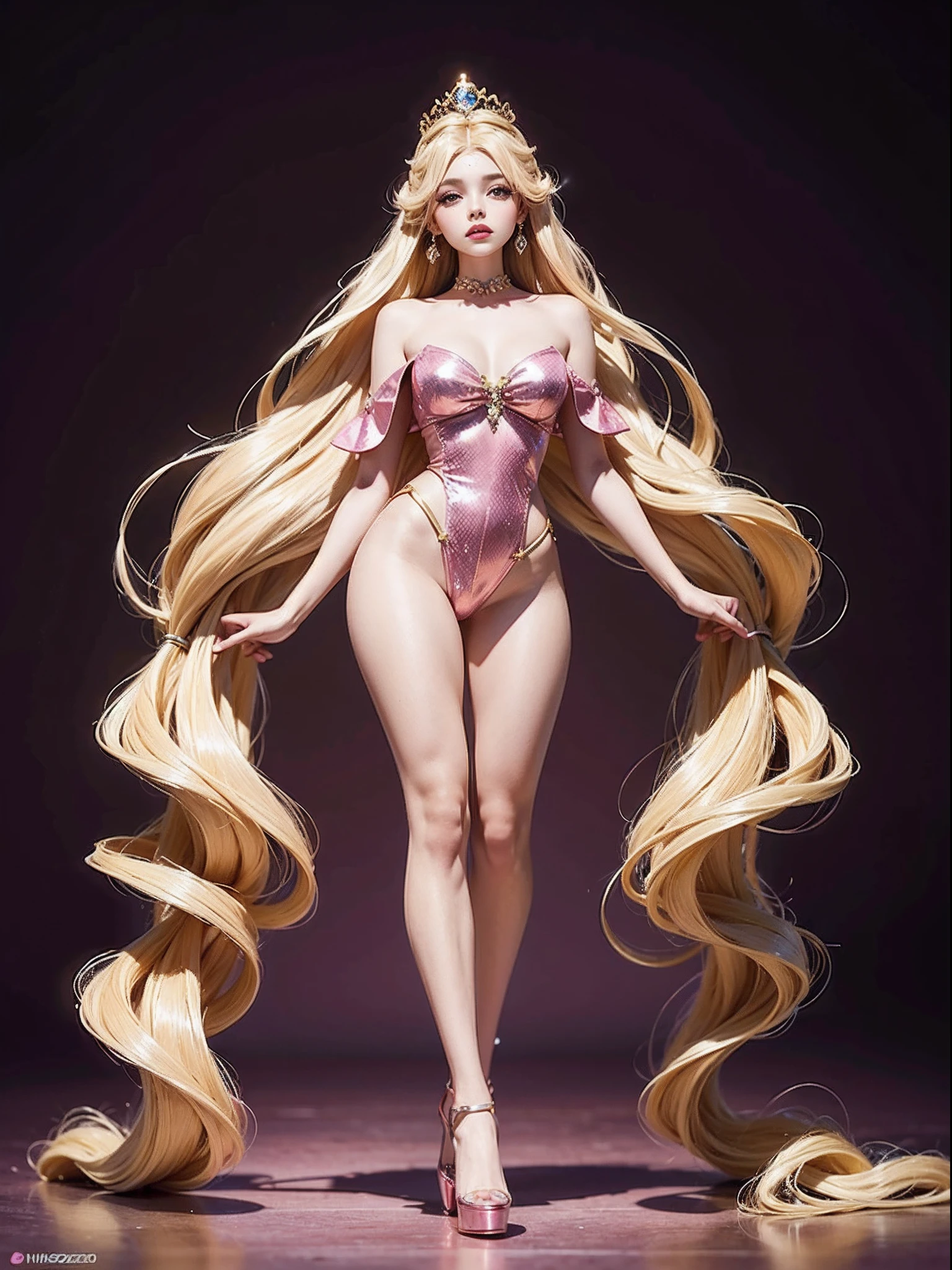 (Pinkish background:1.5),barbiecore,A princess,(cabellos largos dorados:1.5)cabellos largos dorados,Kizi,delicated face,Oversized eyes,Charming big eyes,a very thin waist,Oversized,plumw,Slim figure,y long legs,Crystal shoes,Golden hair,standing on your feet,Pinkish background