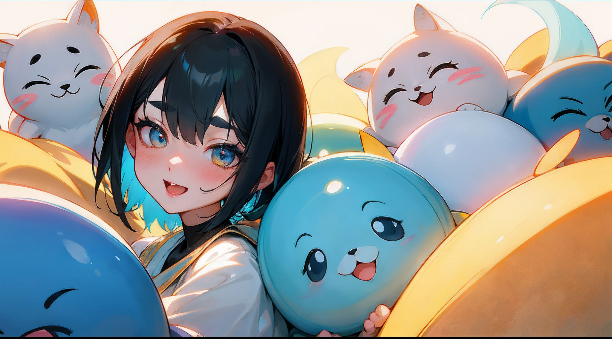 Original Characters、Volume Lighting、Best Shadows、Shallow depth of field、Portrait of an amazingly beautiful girl、Delicate beautiful attractive face with petite and seductive eyes、Surrounded by cute stuffed animals、Laughing with open mouth、Sharp Eyebrows、Black Hair Shortcut Hair、Blush Eyeshadow、Shining eyes、Dark eyelashes、Slim waist、(top-quality、Superb Detail:1.25)、(独奏:1.3)、Brilliant Colorful Paintings
