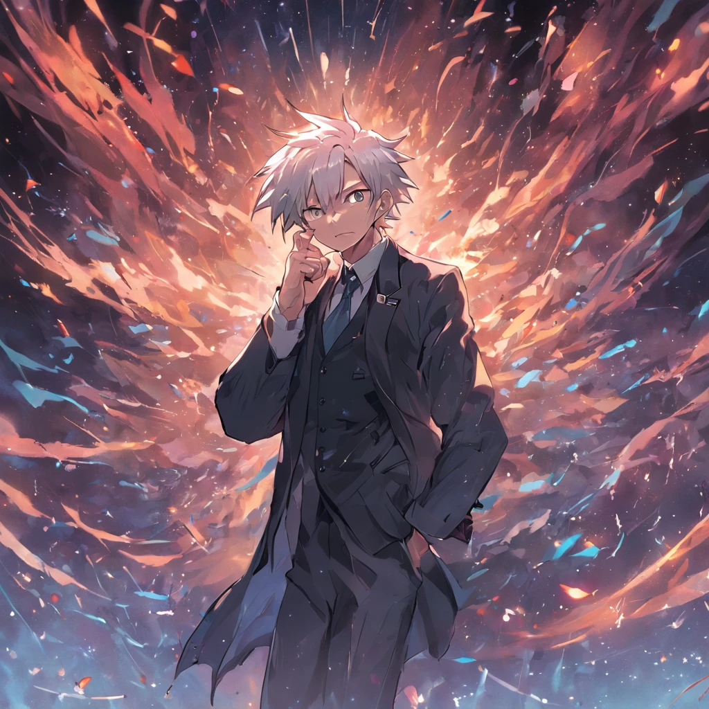 Middle-aged man in suit，50yearsold，Wrinkles on the face，hoary，whaite hair，tall and straight，Fierce，Sly，Exaggerated expressions，indoor background