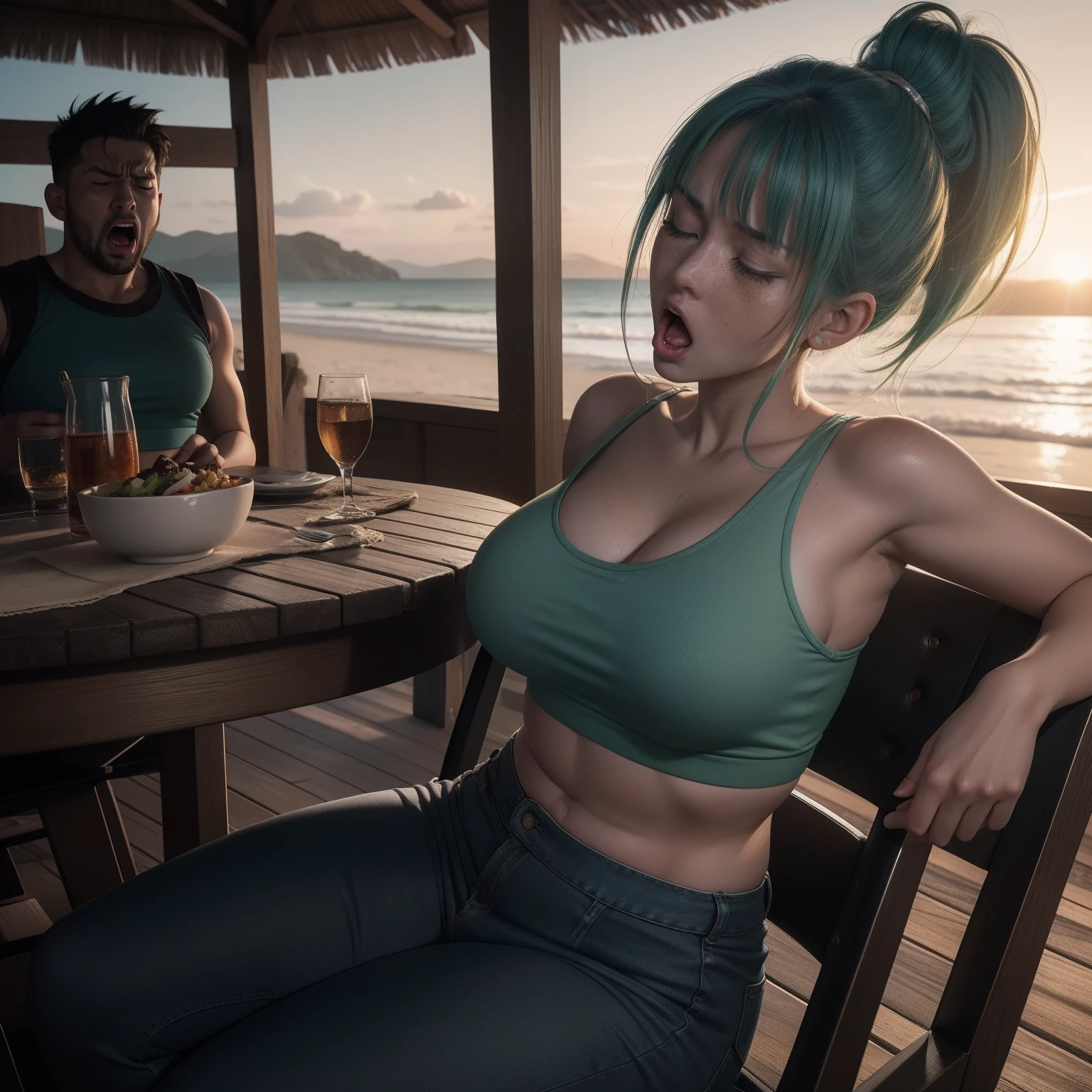 Slim thick Bulma highly detailed hdr photo, beautiful, slim thick, gassy, bloated human adult Bulma burping belching while sitting in chair at dinner table on beach, warm dynamic lighting, sexy slutty saiyan armor crop top, light freckles on cheeks, realistic dark moody dramatic high detailed art style, wide open mouth, perfect gorgeous face, struggle face, full body, eyes closed, bloated tummy innie belly button, midriff, intense yelling burping hard